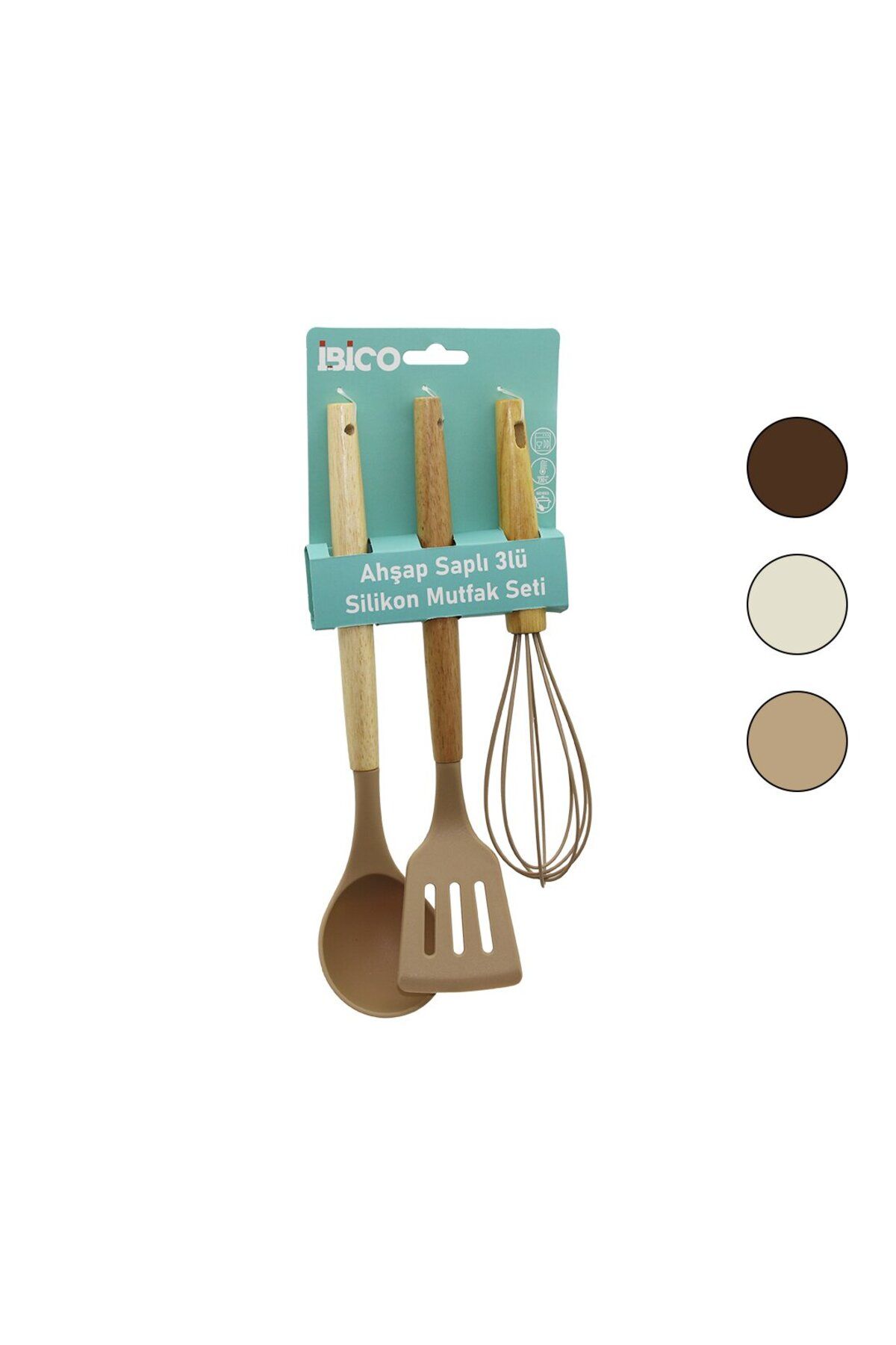 ibico İBİCO 3 LÜ RENKLİ SİLİKON MUTFAK SETİ AHŞAP VE BAMBU SAPLI ÇIRPICI & KEPÇE & SPATULA 25 CM