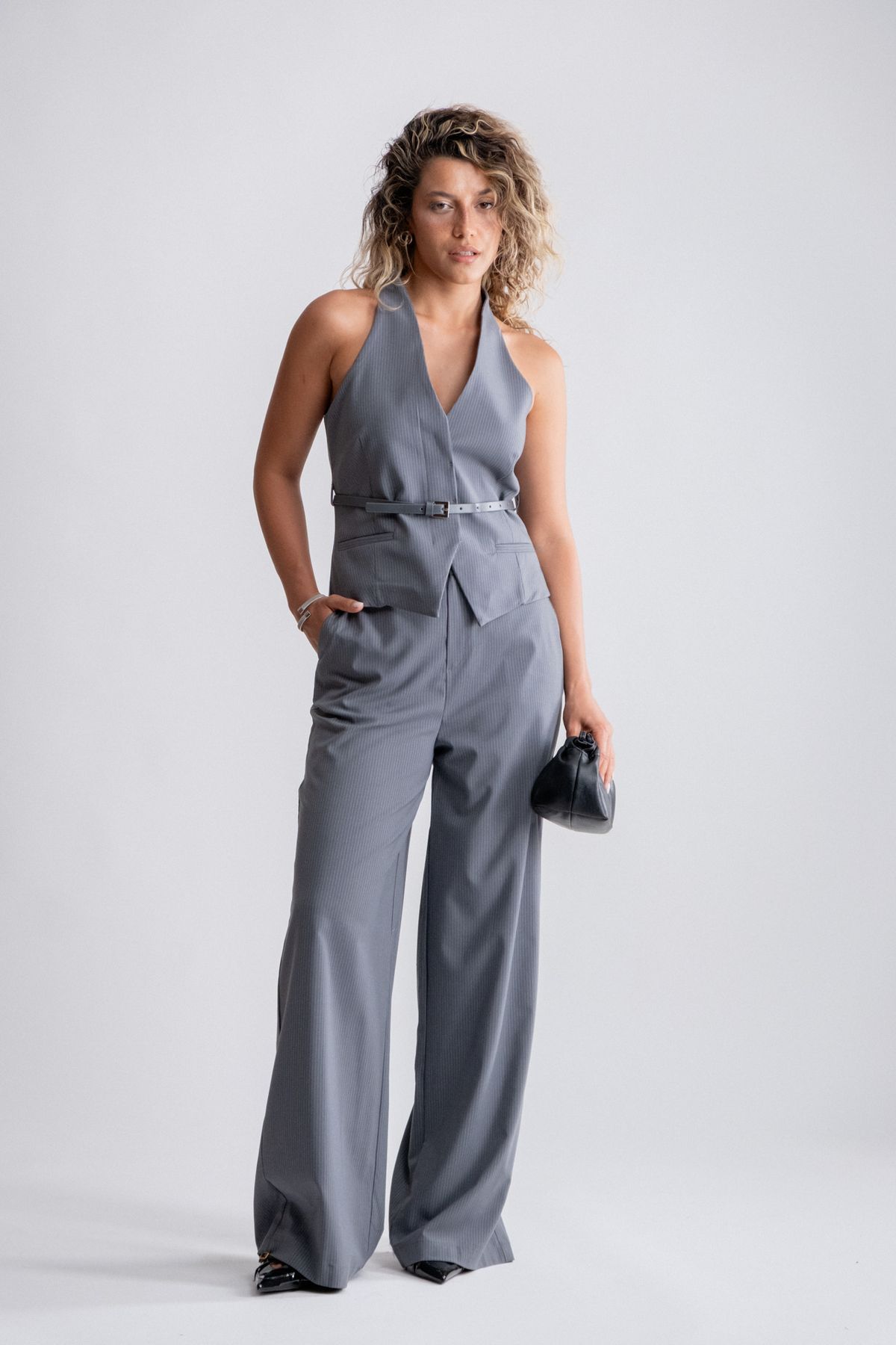 SEPANU COLLECTION Kadın Füme Çizgili Kemerli Yelek Pantolon Takım