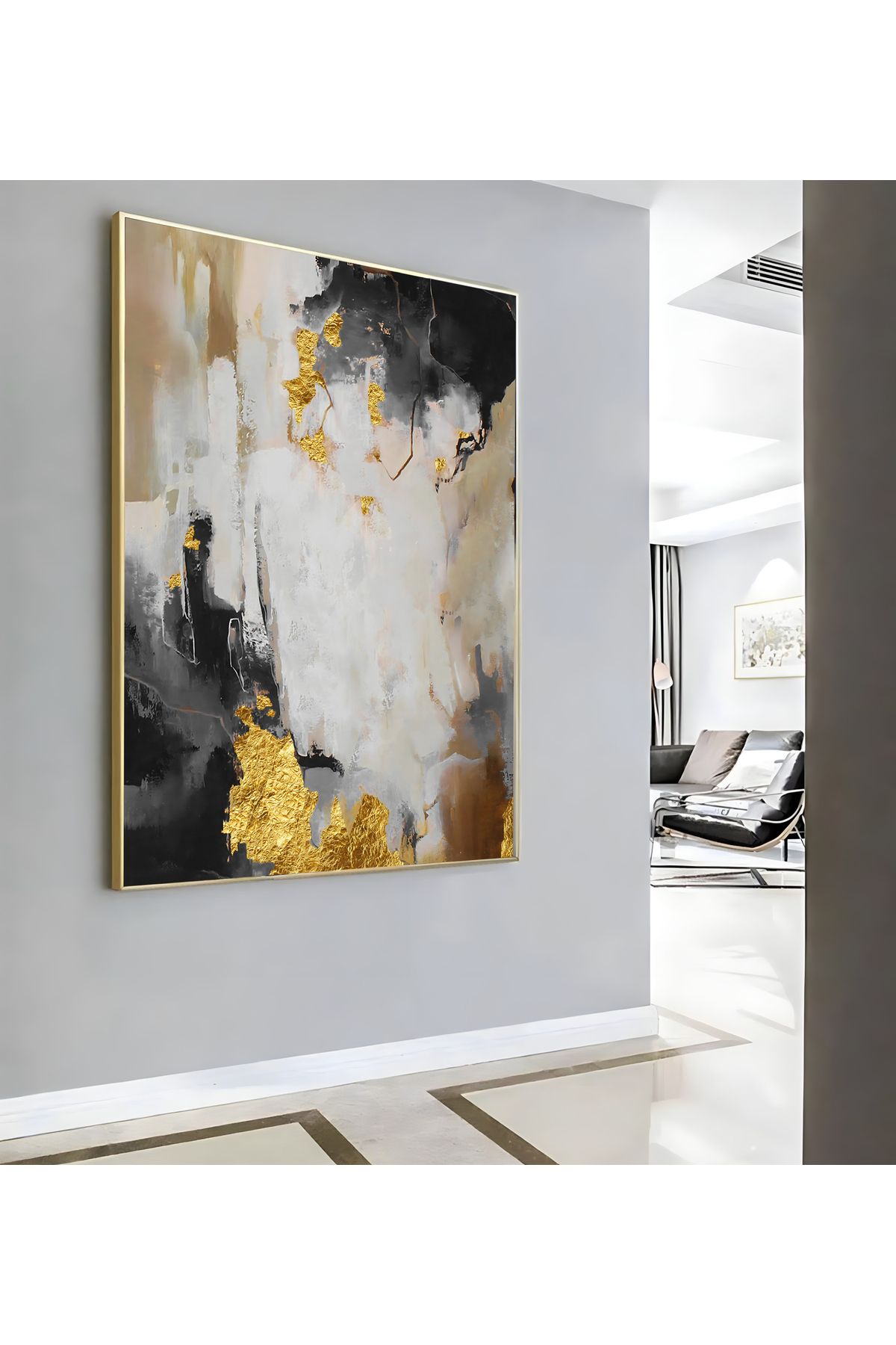 Harikabirev HARİKABİREV|GRİ GOLD SOYUT DESENİ ( CKD-108) |ÇERÇEVELİ KANVAS TABLO CKDİKEY