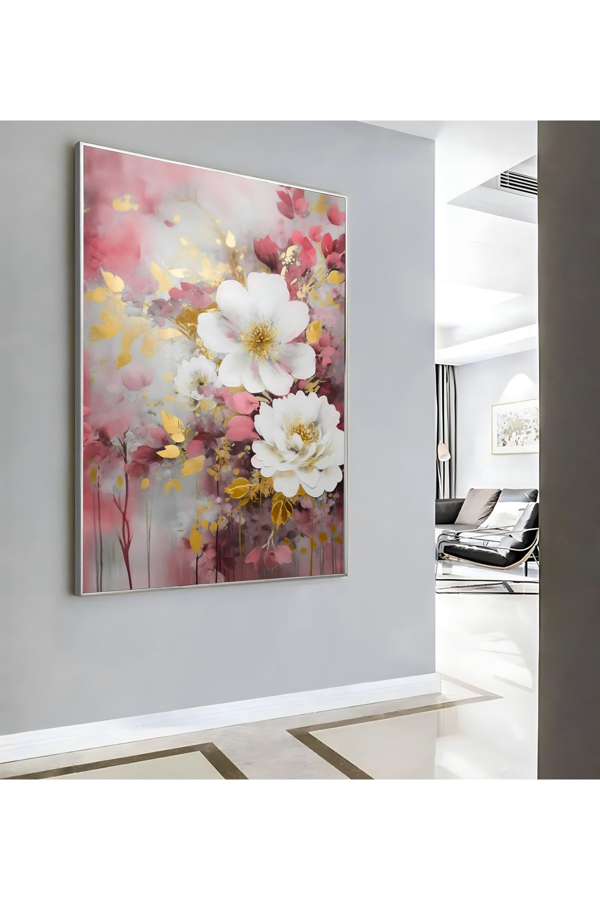 Harikabirev HARİKABİREV|PEMBE GOLD ÇİÇEK DESEN ( CKD-136) |ÇERÇEVELİ KANVAS TABLO CKDİKEY