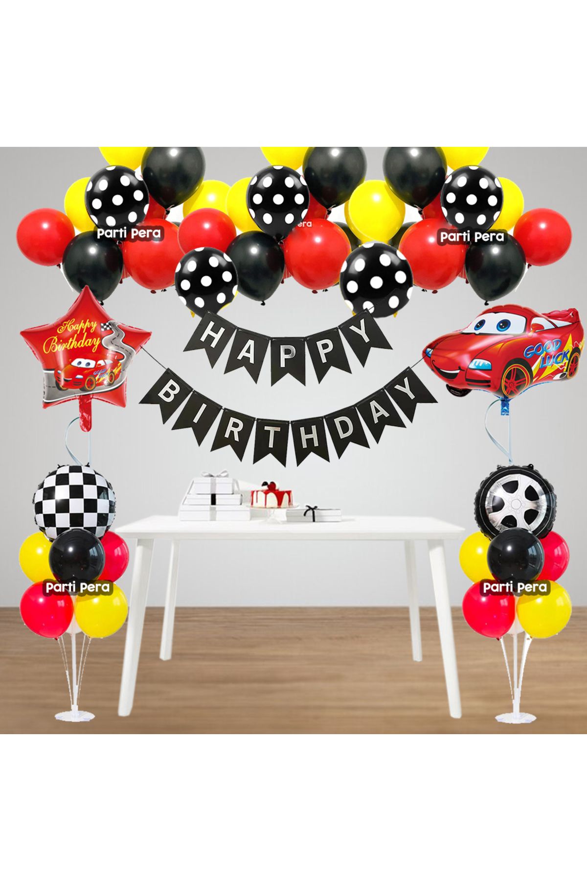 parti pera Araba Yarış Temalı Balon Seti Balon Standı Damalı Tekerlek Folyo Balon Seti