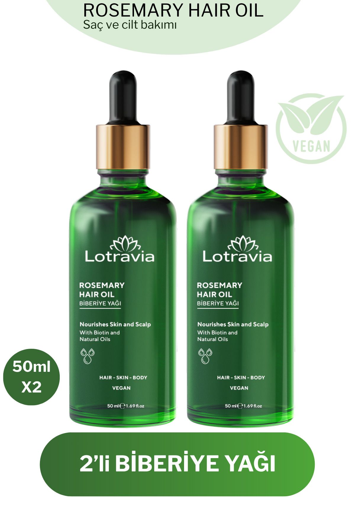Lotravia 2'li Biberiye Yağı Aşırı Yıpranmış Saçlar için Biotin Özlü Saç Bakımı 2*50 ml