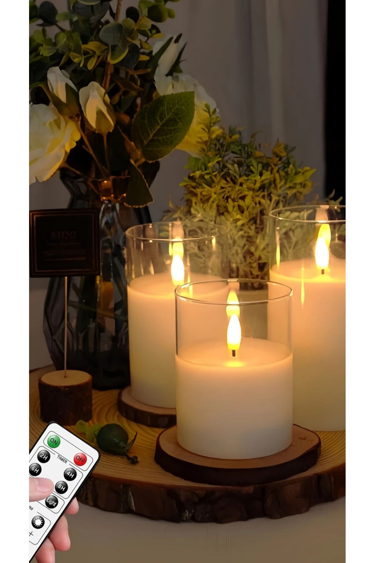 ESTRON Alevsiz Led Mum Uzaktan Kumandalı Pilli Şeffaf Üçlü Mum Seti - 7,5*10-12 cm, 5*15 cm - ES-754