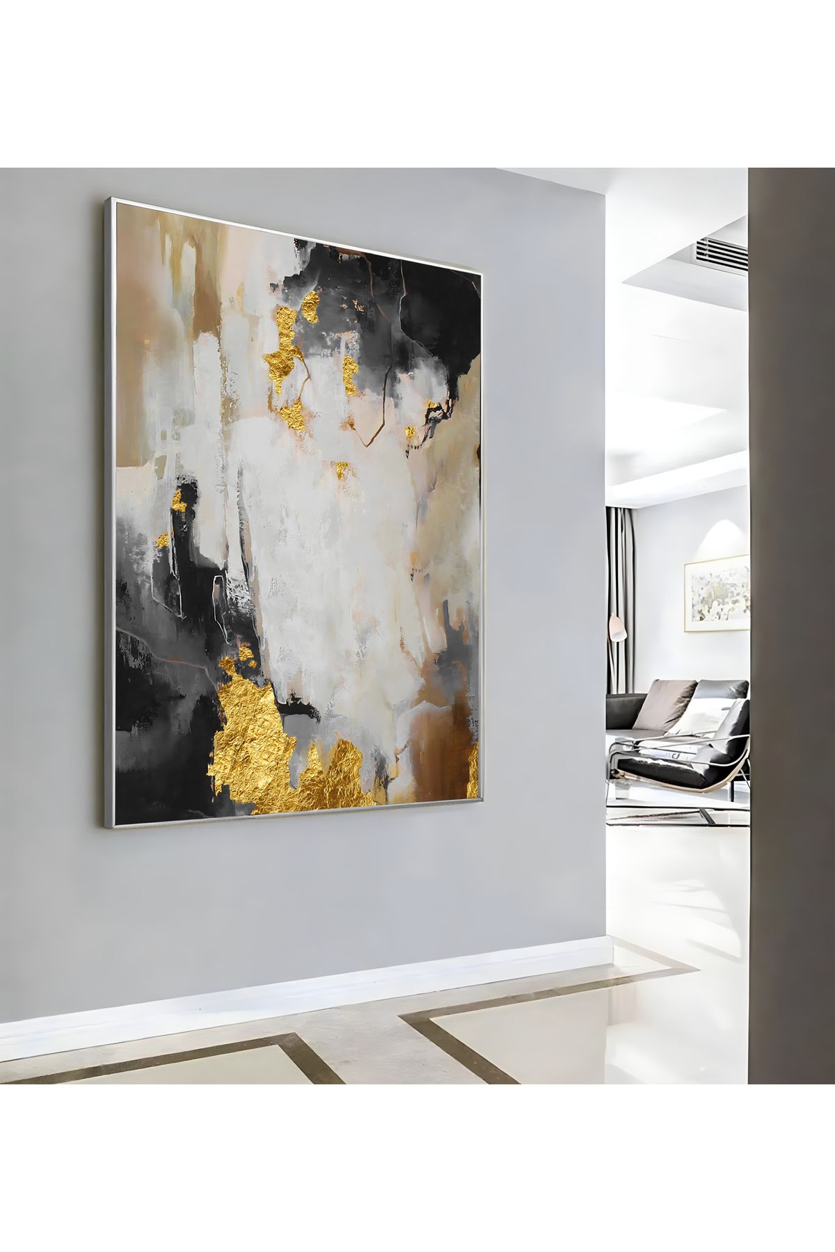 Harikabirev HARİKABİREV|GRİ GOLD SOYUT DESENİ ( CKD-108) |ÇERÇEVELİ KANVAS TABLO CKDİKEY