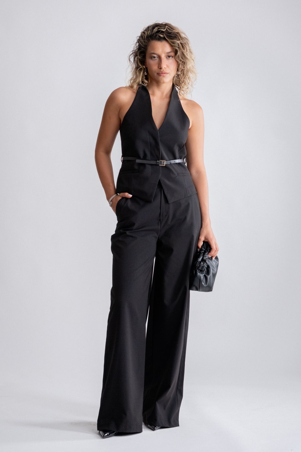 SEPANU COLLECTION Kadın Füme Çizgili Kemerli Yelek Pantolon Takım