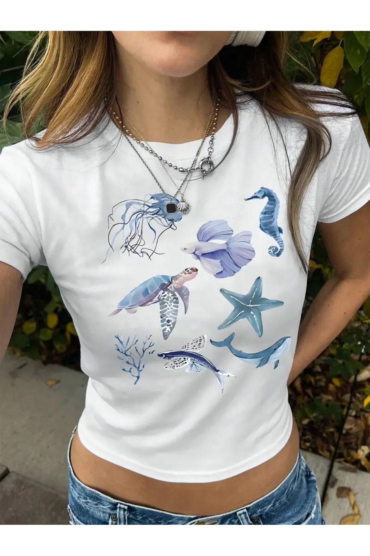 JANSO GROUP -KADIN CROP TSHIRT DENİZ BASKILI PAMUKLU 01