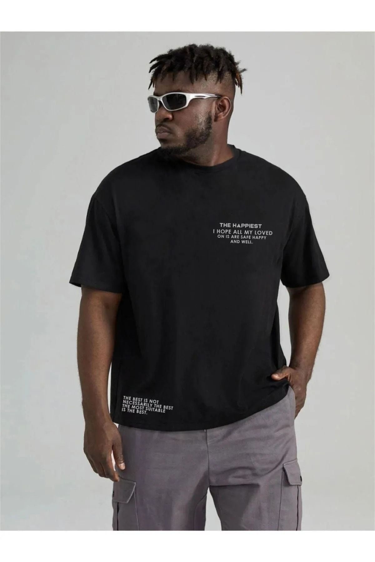 ModaSphere Erkek Siyah Happiest Baskılı Oversize Tshirt