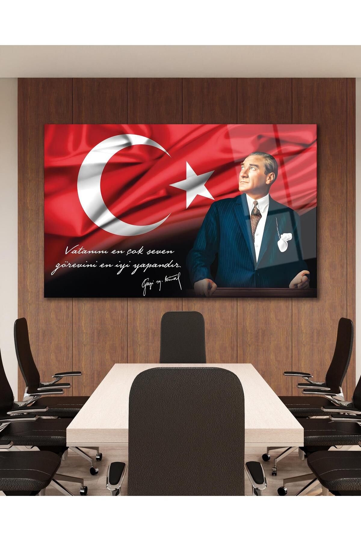 idealizbiz Atatürk Portre Cam Tablo Vatanını En Çok Seven Görevini En İyi Yapandır Kurum Hediyelik Büyük Tablo