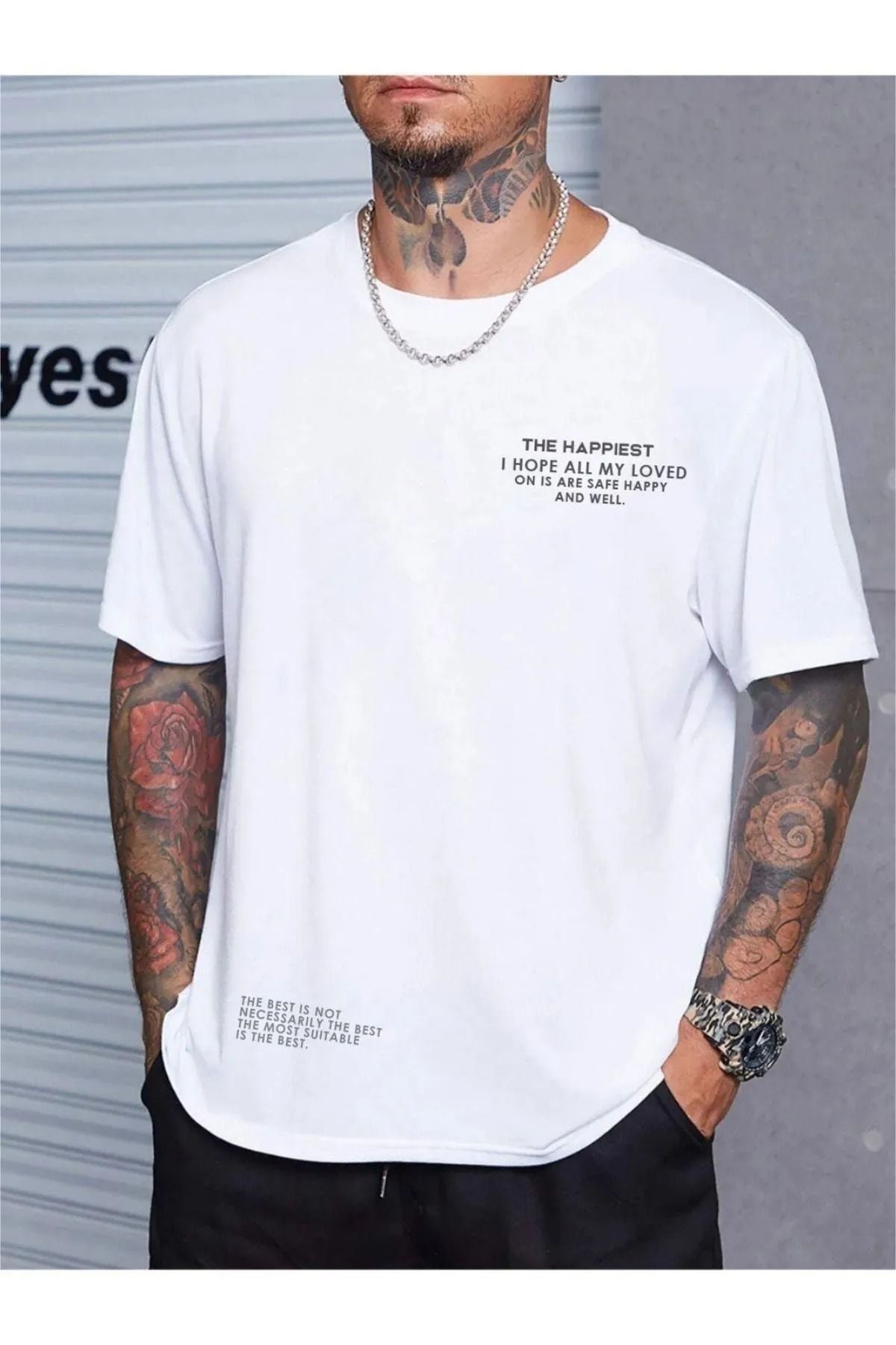 ModaSphere Erkek Beyaz Happiest Baskılı Oversize Tshirt