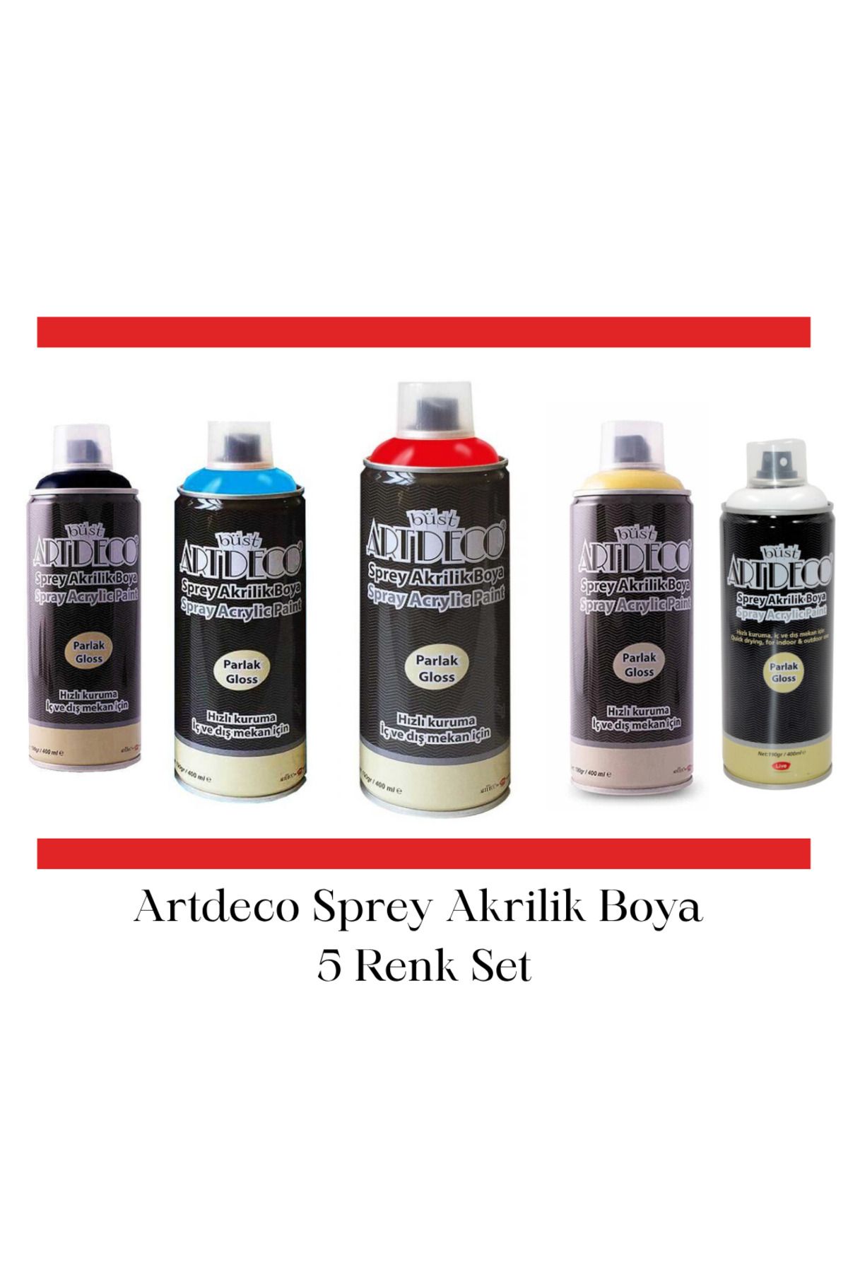 Artdeco Akrilik Sprey Boya 400 ml 5 Renk Set Siyah Beyaz Mavi Kırmızı Sarı