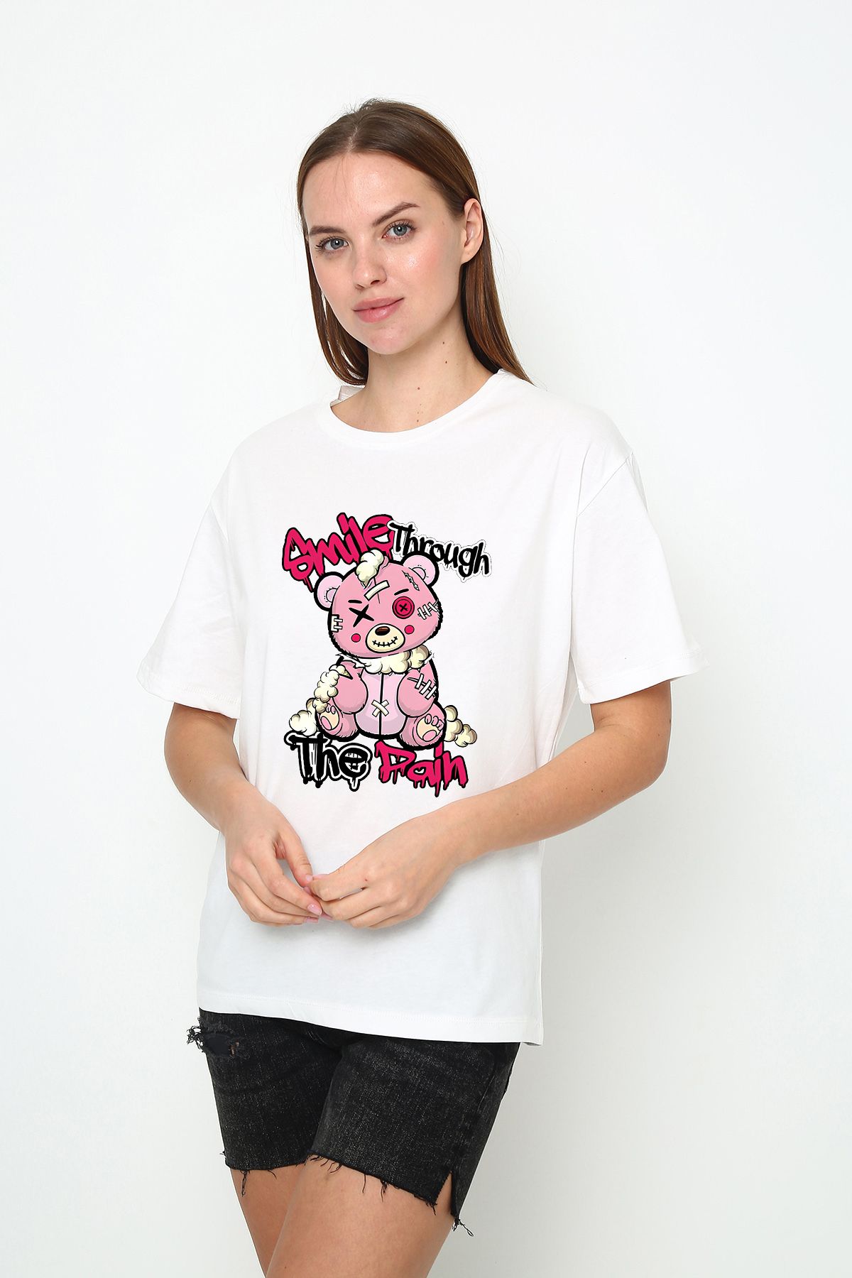 Oasis kadın oversize sevimli ayıcık baskılı bisiklet yaka t-shirt