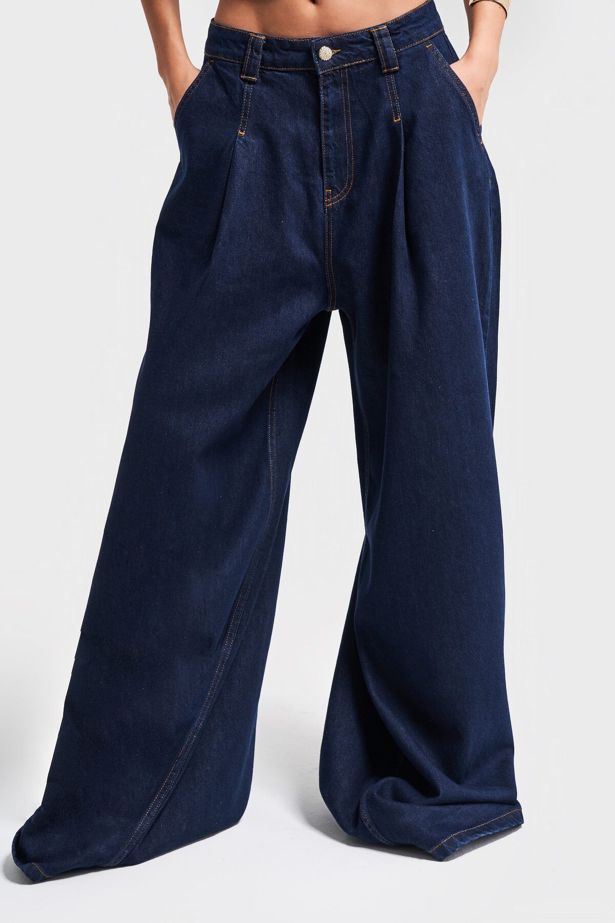 its basic Kadın İndigo Renk 7s5-50 Palazzo Fit Süper Bol Kesim Pileli %100 Koton Denim Jean