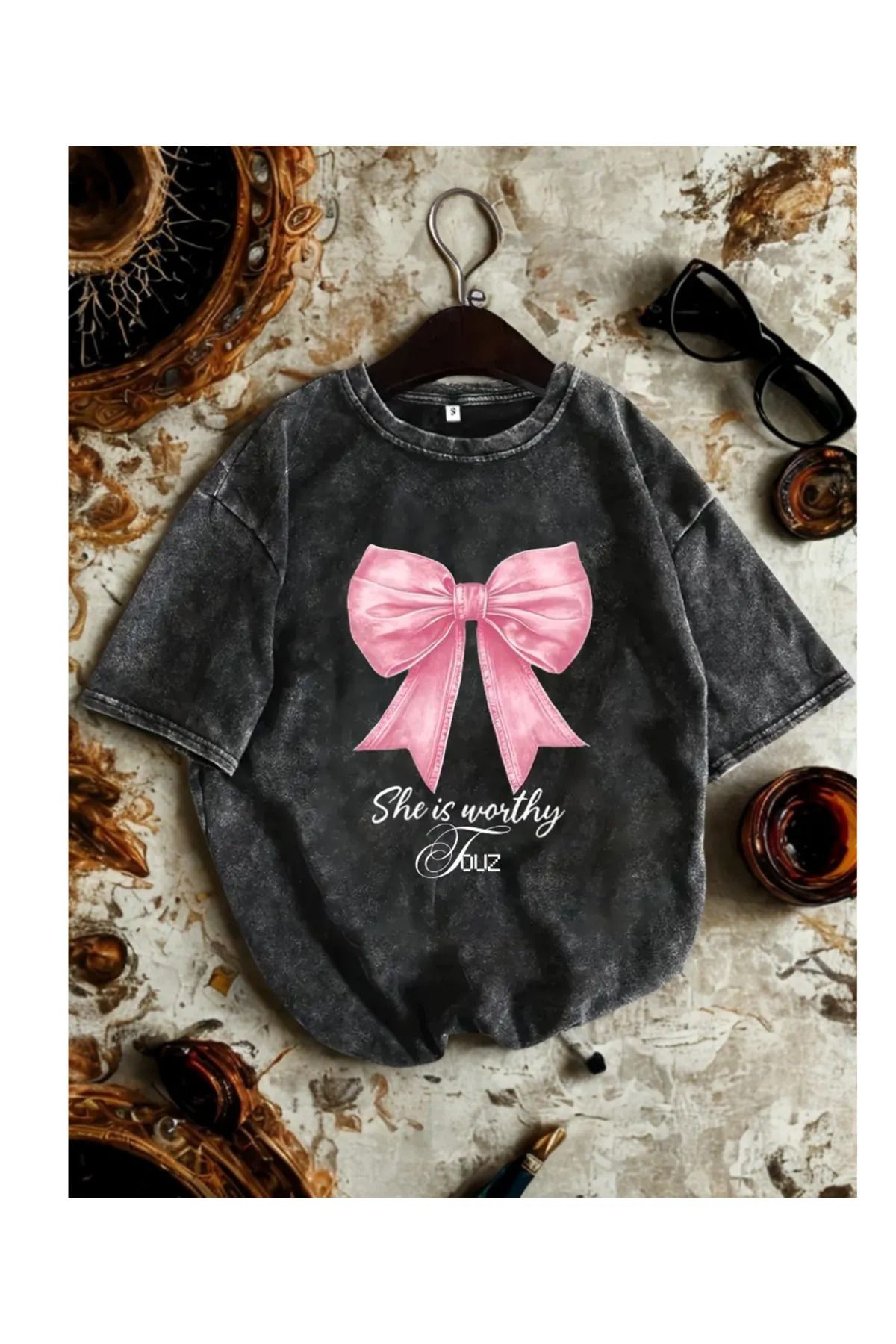 1blood Ribbon Baskılı Yıkamalı Vintage Unisex Oversize T-Shirt
