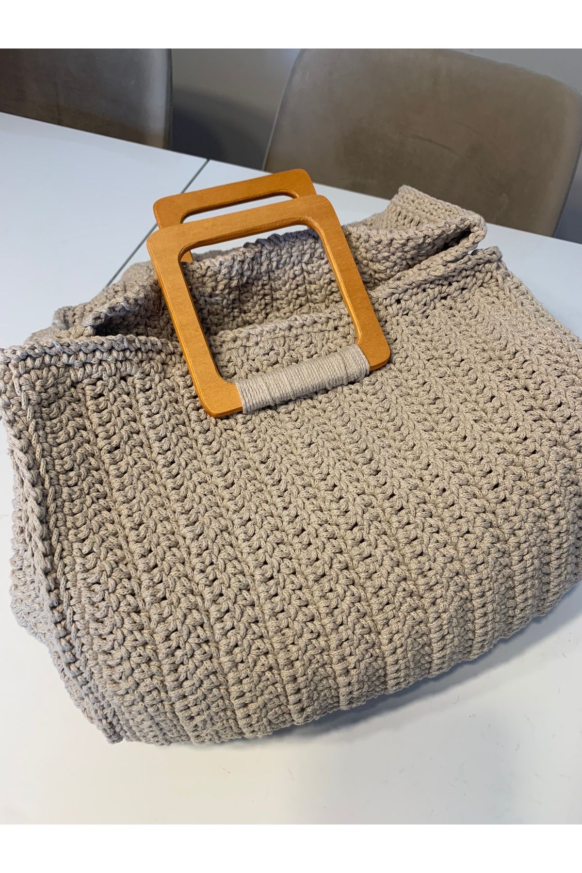 TheChakaCollection Taş Rengi Büyük Kare Örgü Çanta