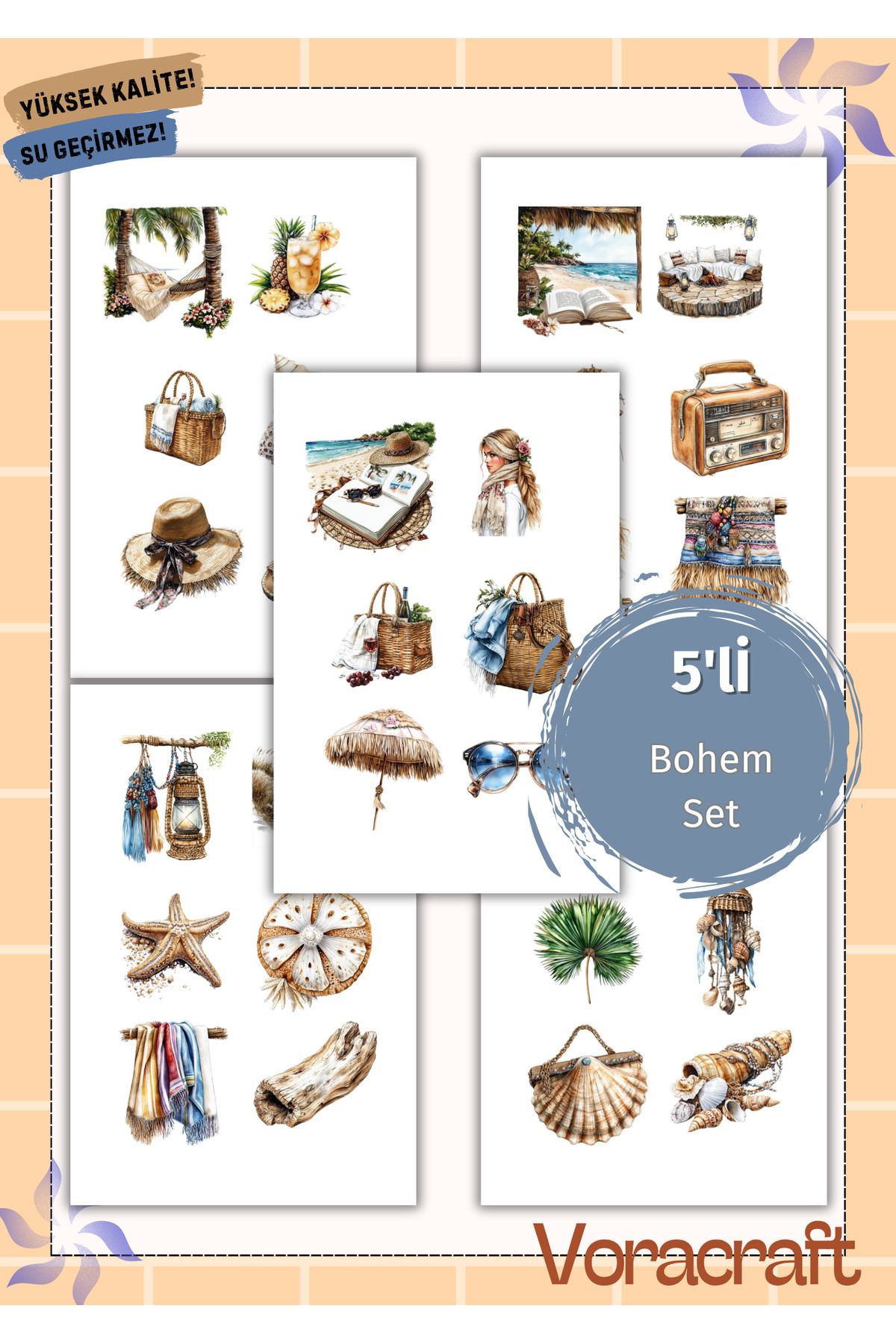 VORACRAFT 5'li Bohem Tema Sticker Set Ajanda Bullet Journal Set A040