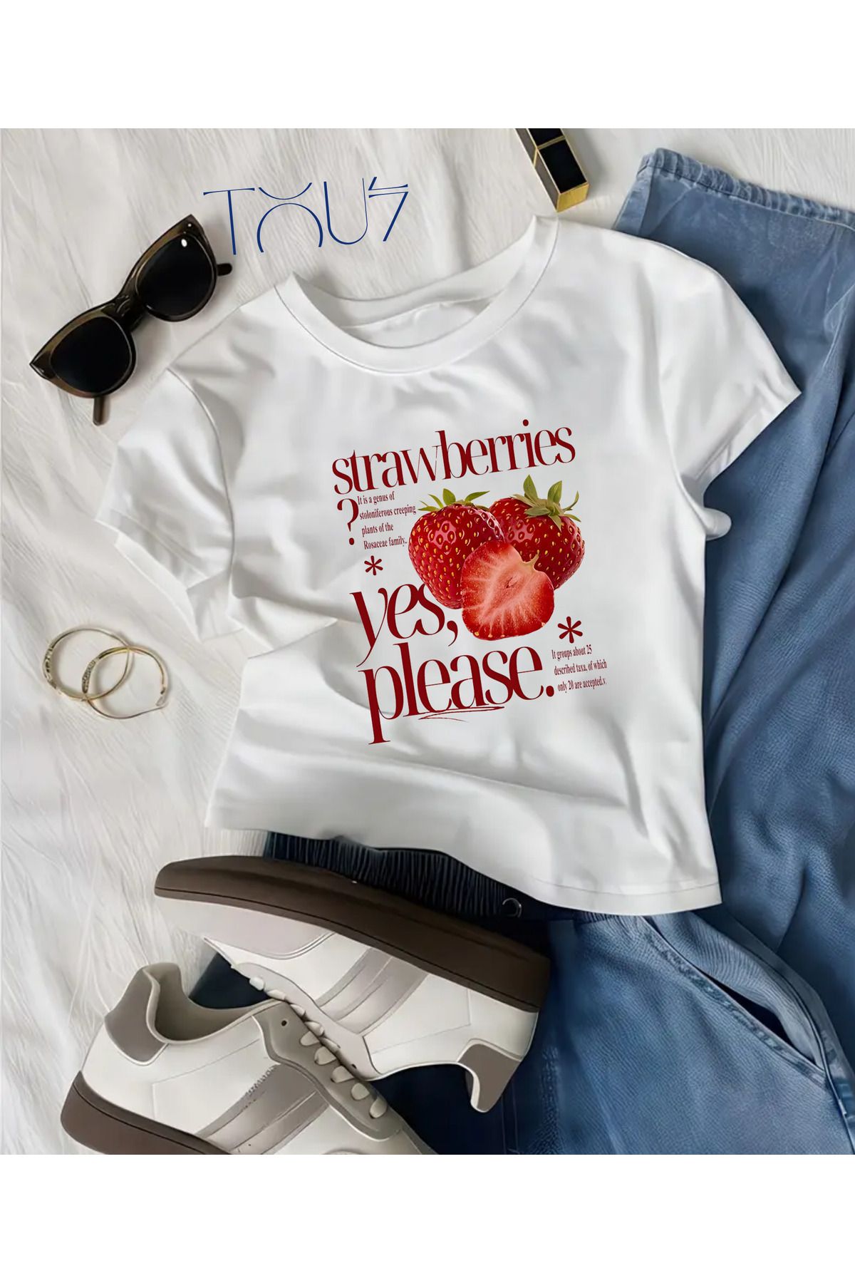 Touz Moda Kemer Boy Strawberry Baskılı Crop Bluz