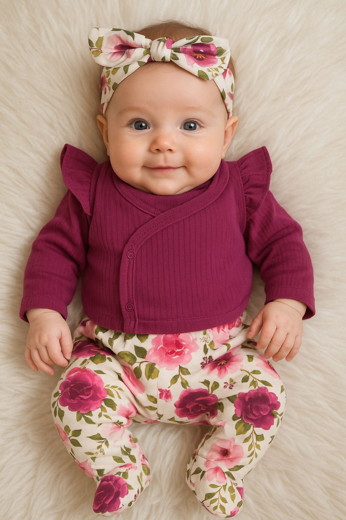 Linda Harris Rose Pattern Mürdüm 5'li Yenidoğan Kız Bebek Hastane Çıkışı Seti