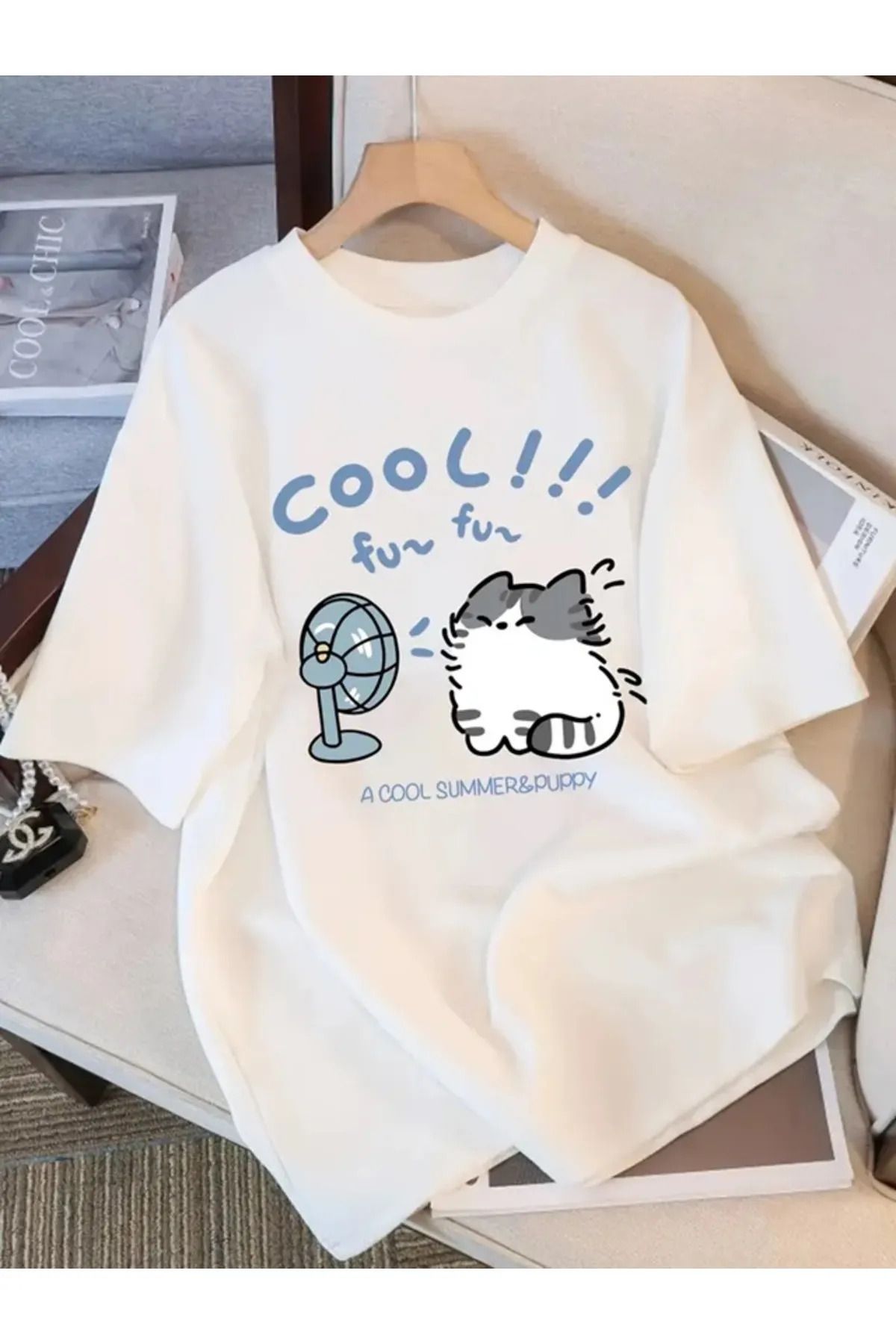 1blood Cool Cat Baskılı Unisex Oversize T-shirt