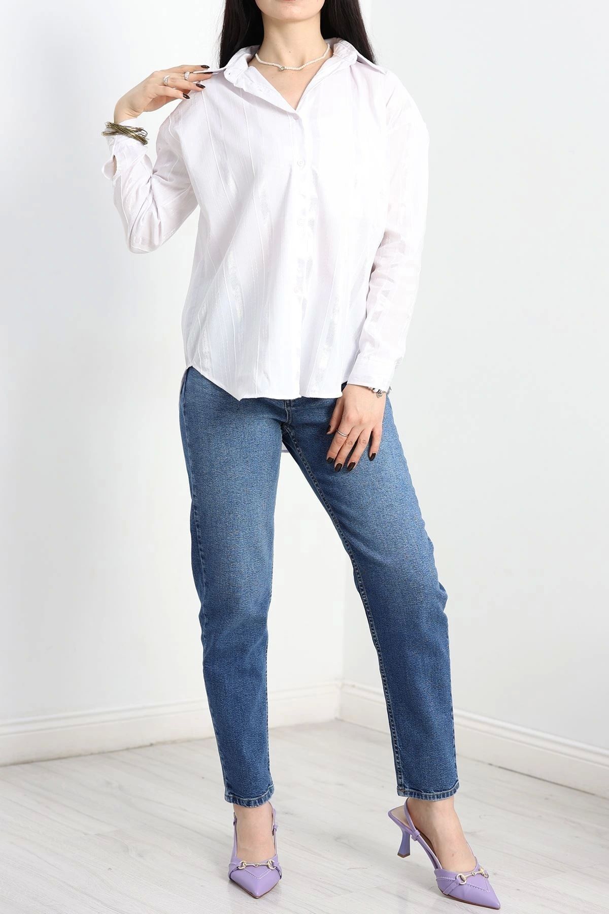 OurStyles Çizgili Terikoton Gömlek Beyaz10 - 80018.147.