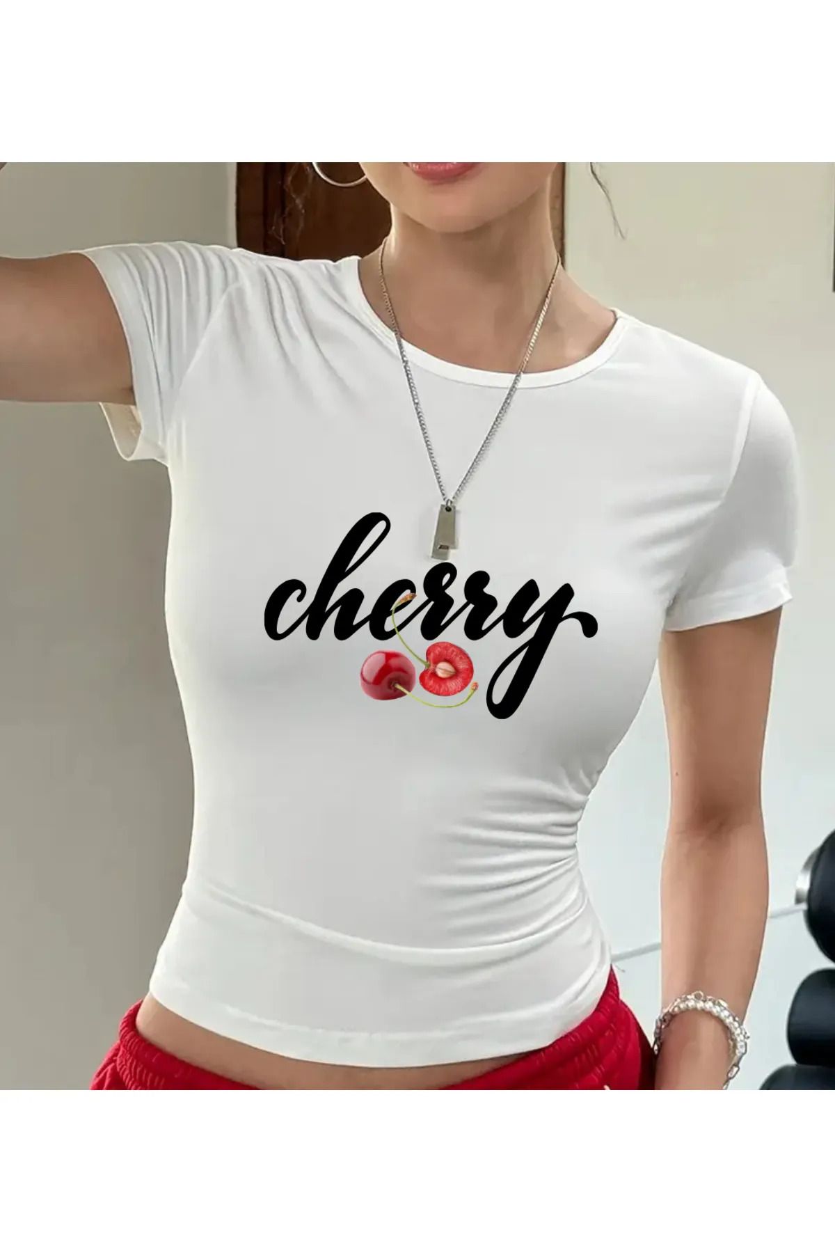 1blood Cherry Baskılı Beyaz Body Crop Bluz