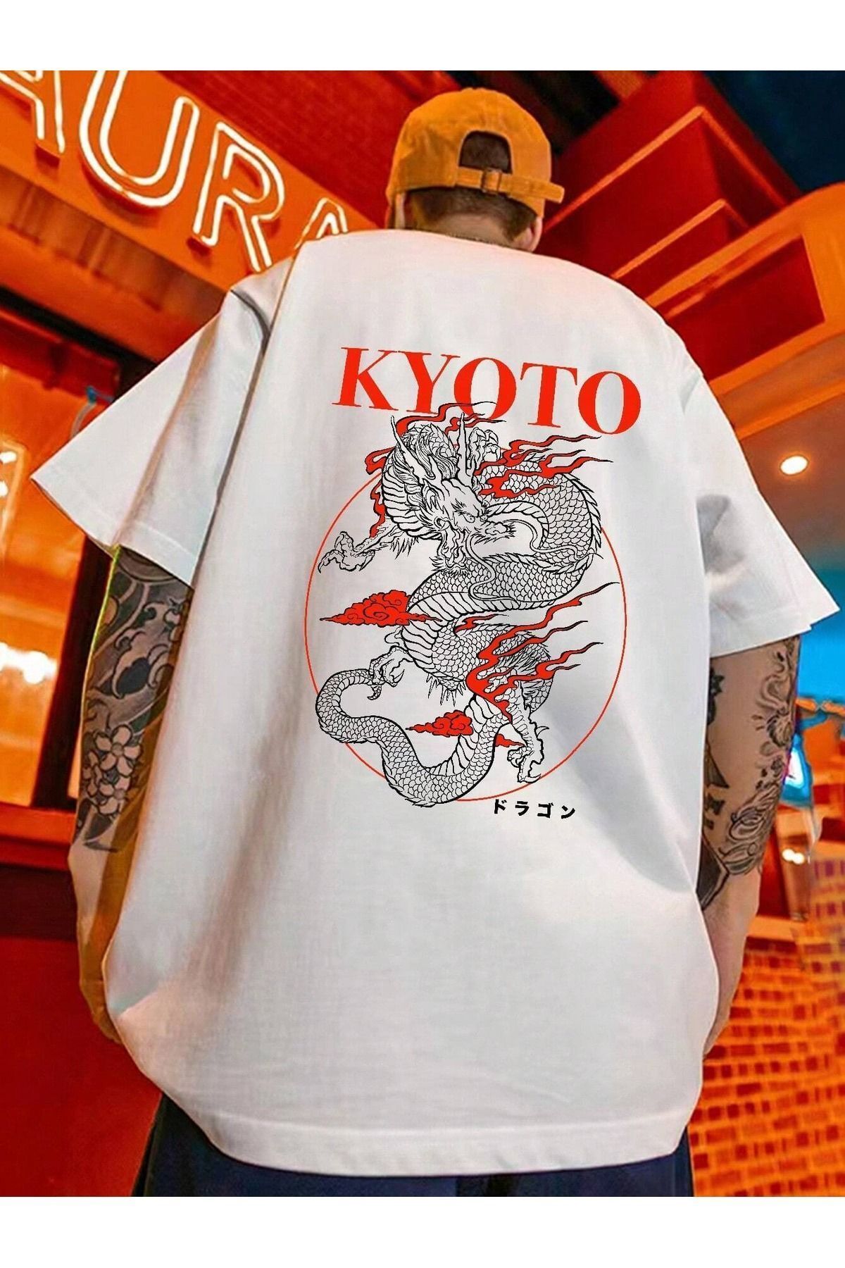 Boi Kyoto Dragon T-Shirt - Beyaz Baskılı Oversize Bisiklet Yaka Kısa Kol