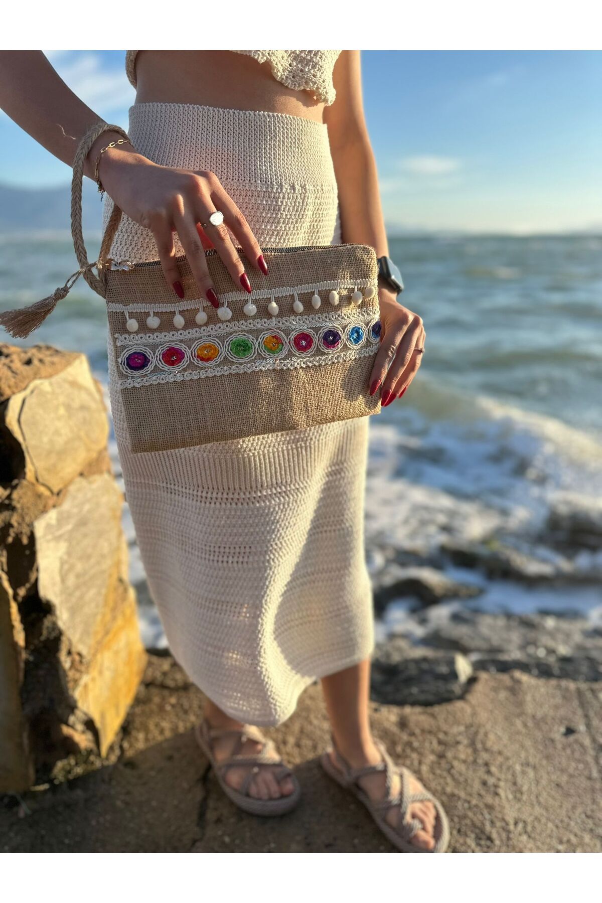 Myra Kadın Renkli Işlemeli Bohem Tarzı Jüt Clutch&portföy Çanta