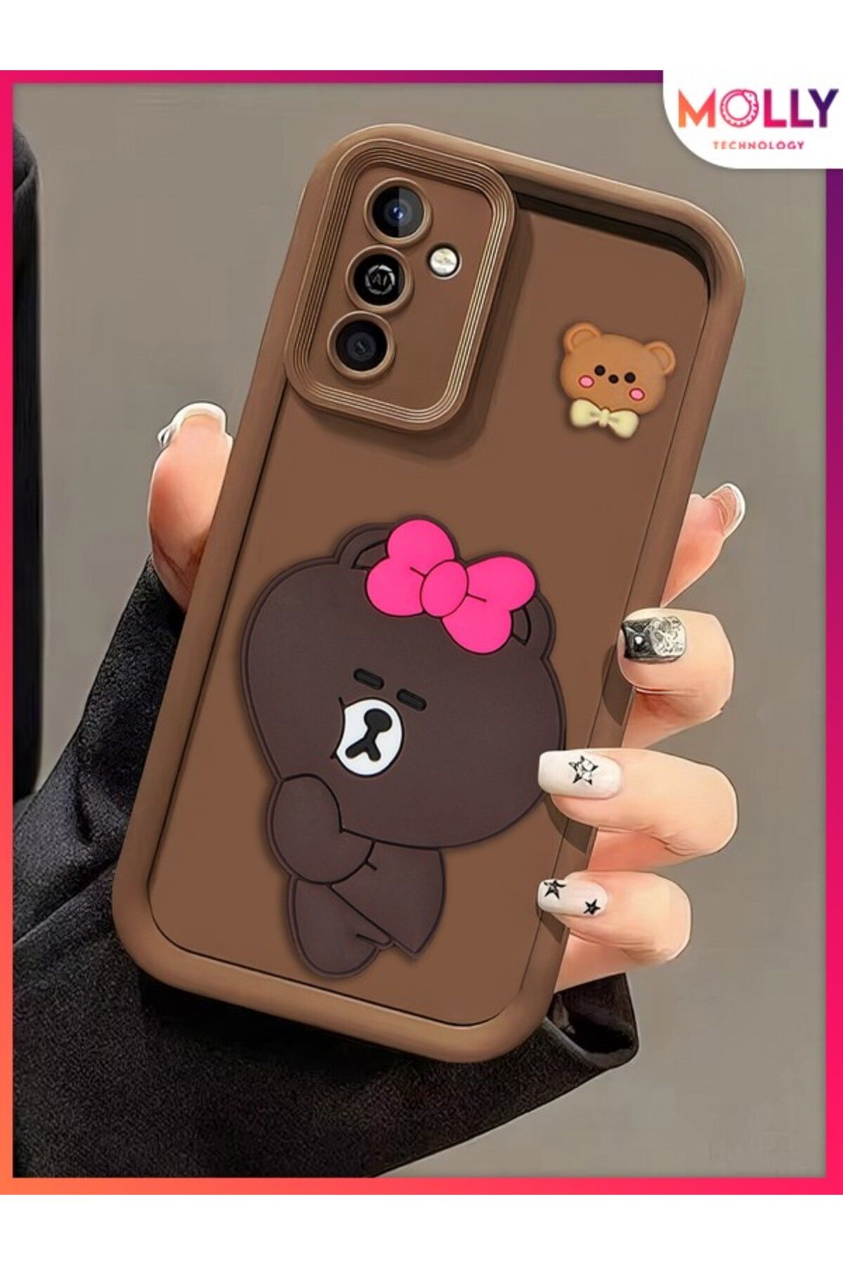 Molly Samsung Galaxy M13 İçin Fallow Brown Kenarları Kalın 3d Kabartmalı Alice Bear Silikon Kılıf