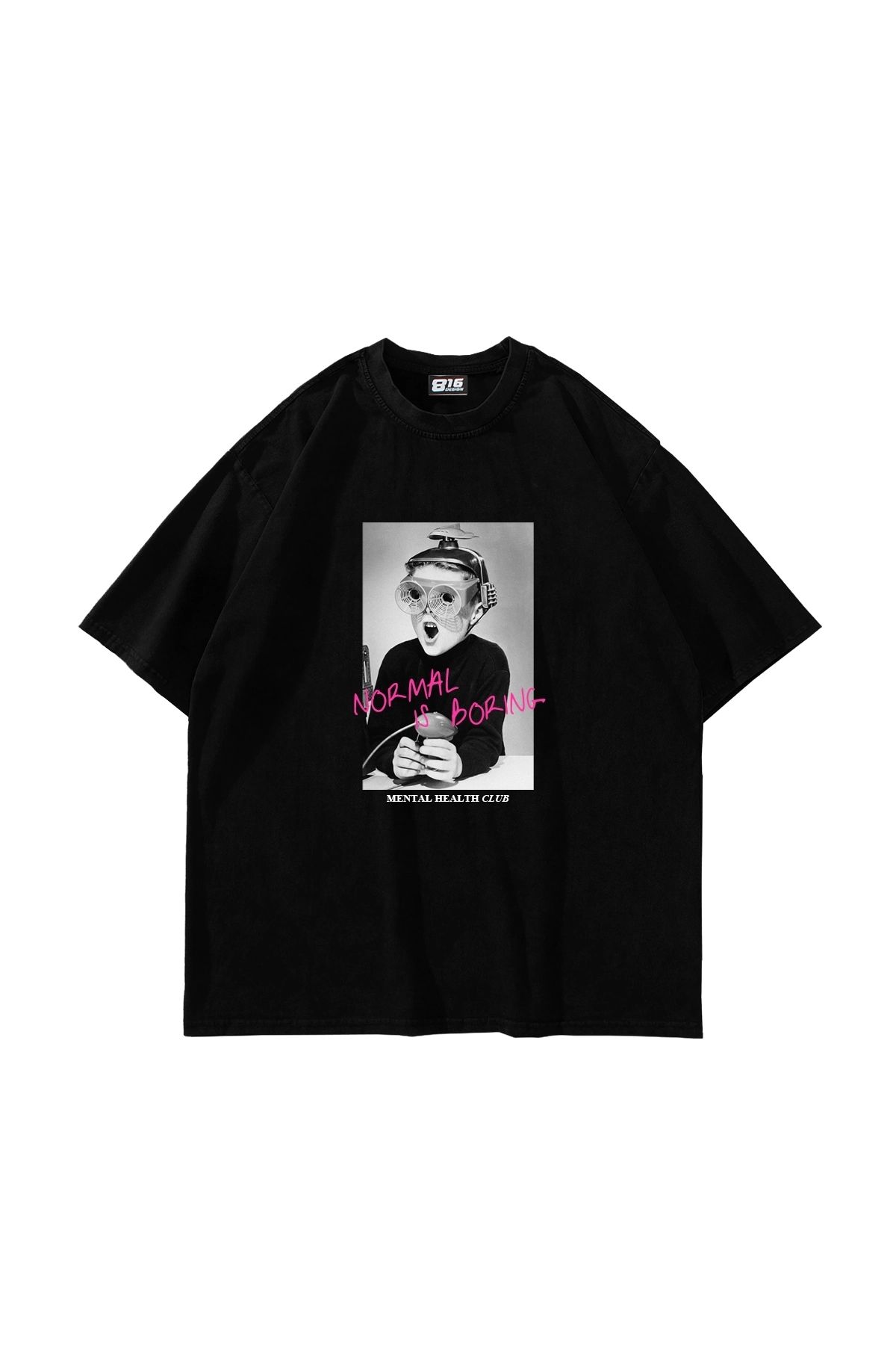 Sekizbiraltı Normal İs Boring Baskılı Oversize Unisex Siyah Tshirt