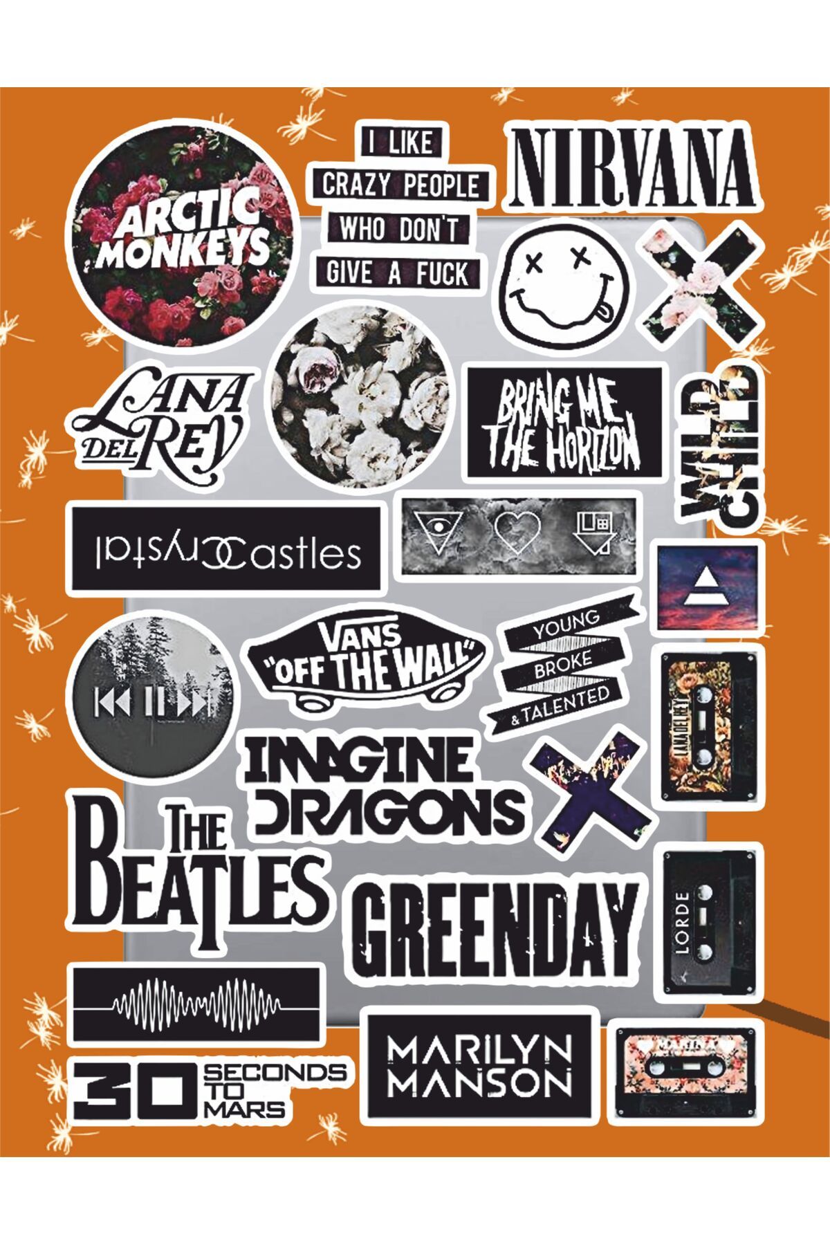 hediyenebak Nirvana Mix Müzik Sticker Seti | Laptop Ajanda Notebook Tablet Telefon Defter Etiket Bullet Journal