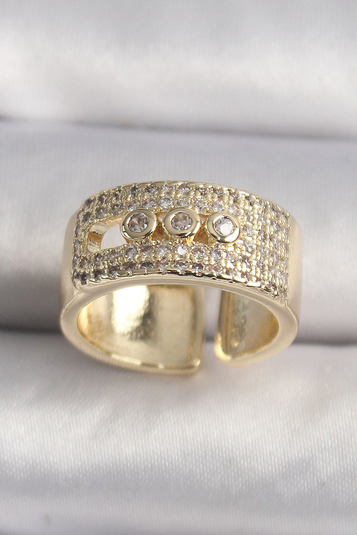 ÖYKÜ VE YİĞİT Pirinç Gold Renk Zirkon Taşlı Messika Model Ayarlanabilir Kadın Yüzük - TJ-BYK3486
