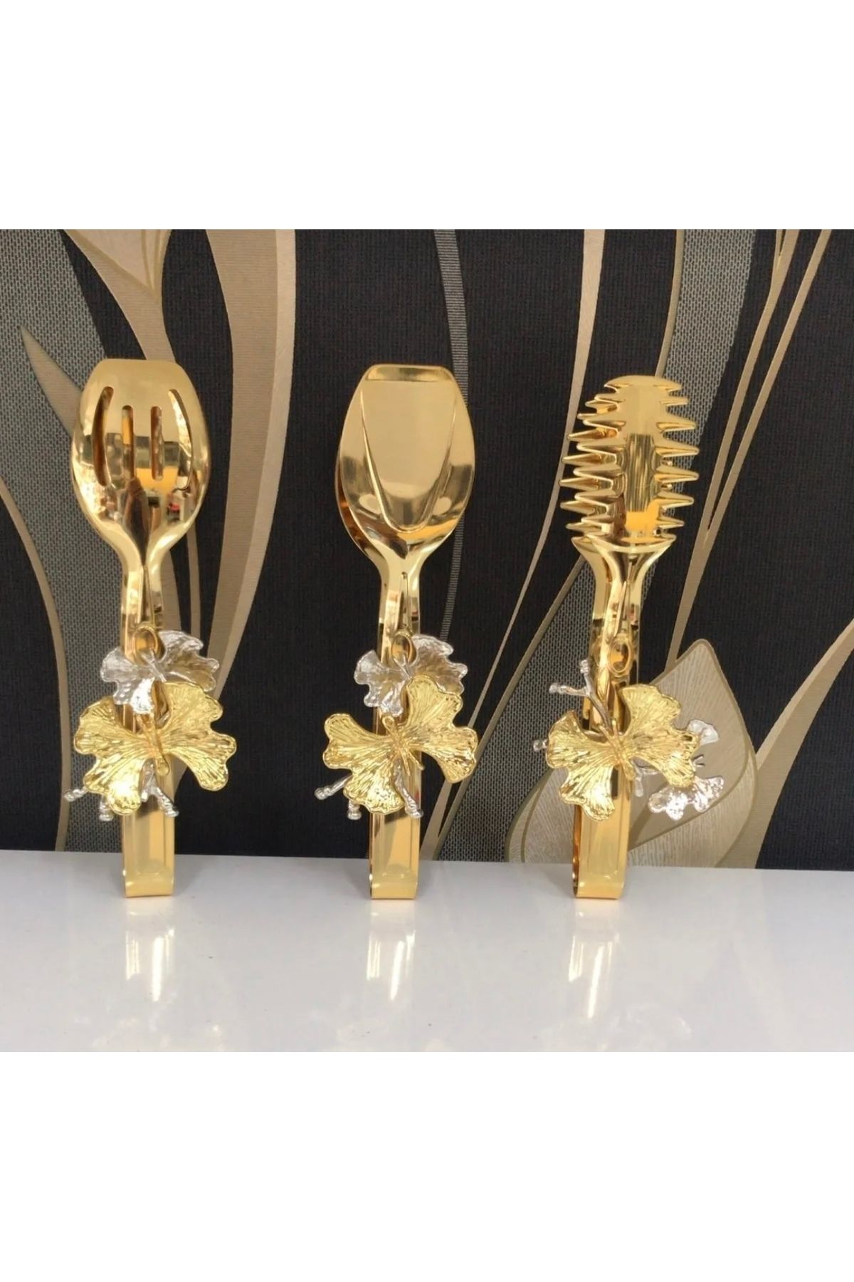 SEVA ÇELİK Paslanmaz Çelik Gold Kaplama 3 Lü Maşa Seti Kelebek Aksesuarlı Lux