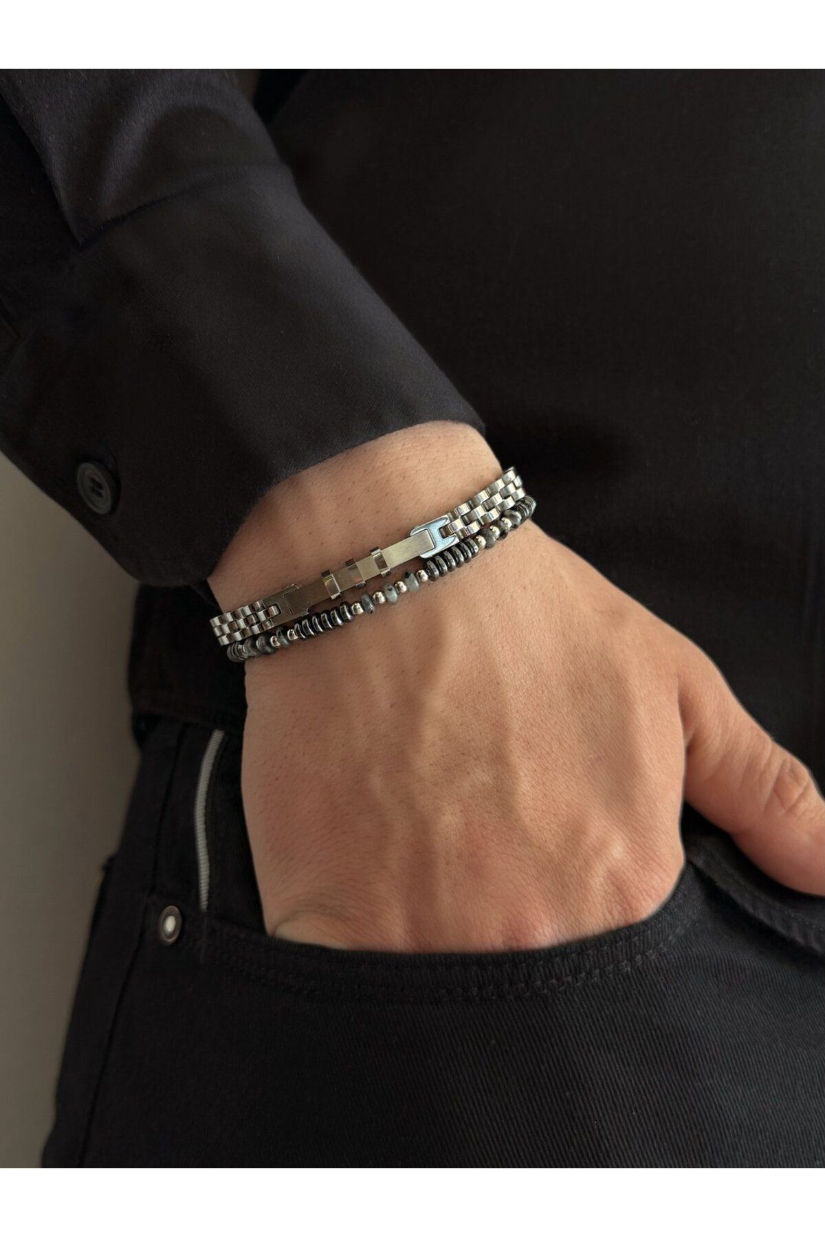 h&b design jewel Çelik Antrasit Hematit Erkek Bileklik