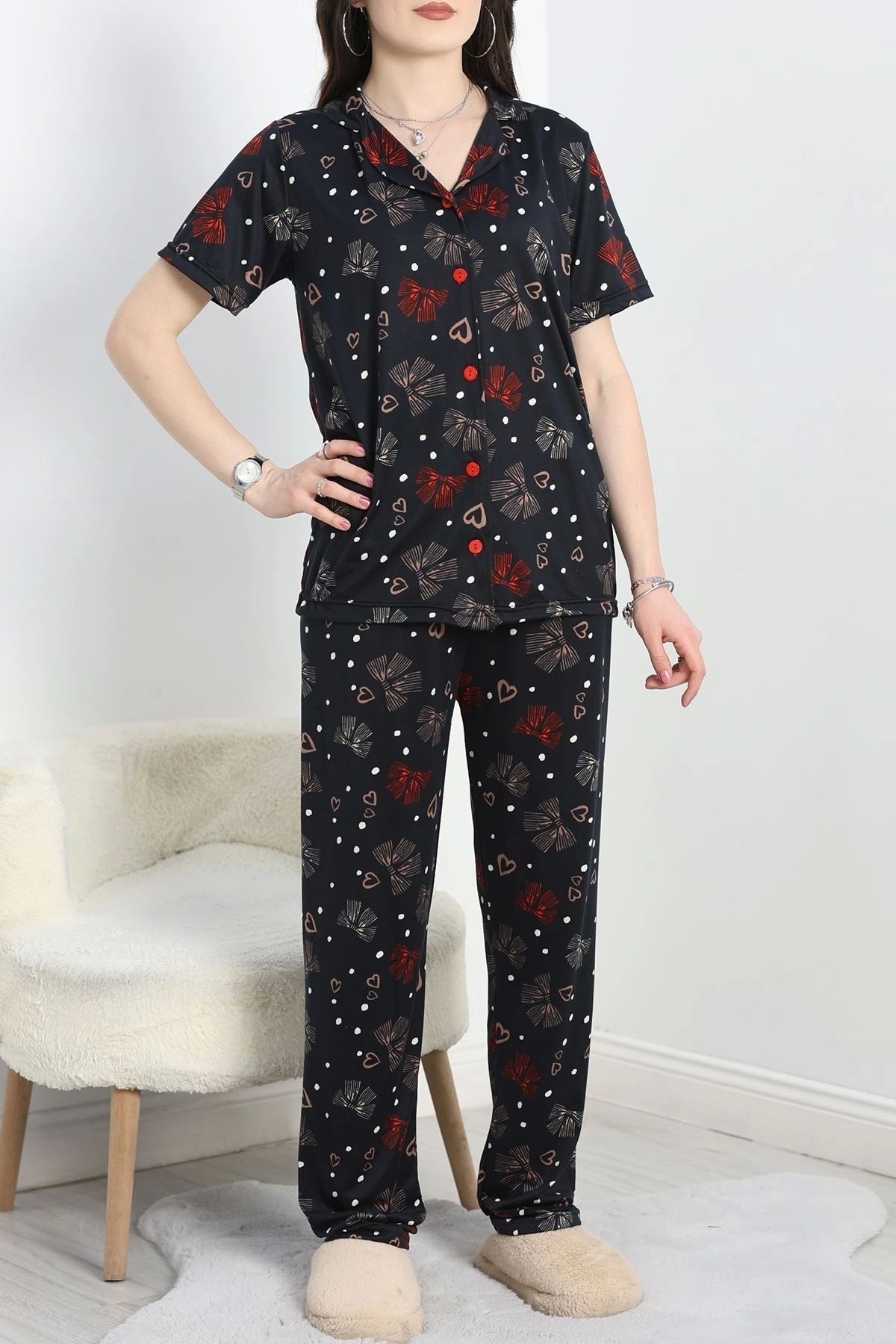 OurStyles Milan Kumaş Düğmeli Pijama Takımı Lacikırmızı - 50145.1857.