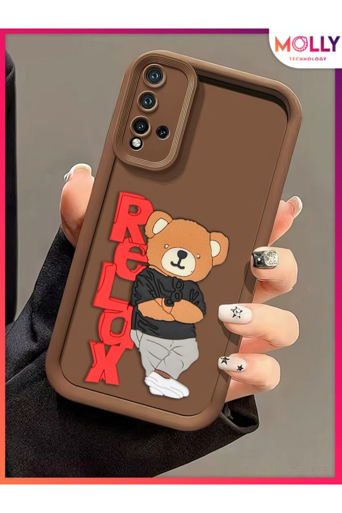 Molly Xiaomi Redmi 9T İçin Fallow Brown Kenarları Kalın 3d Kabartmalı Teddy Bear Silikon Kılıf
