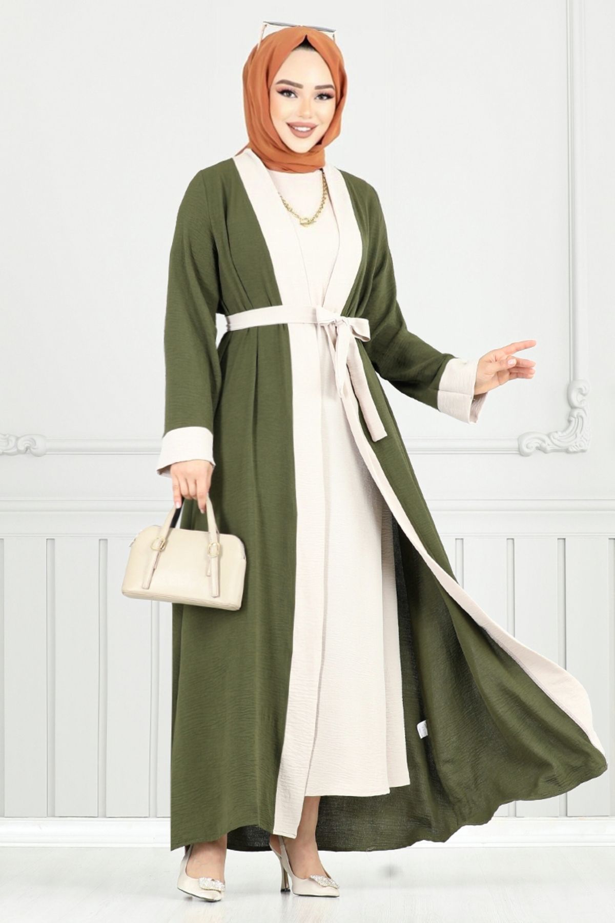 ModaMerve Beli Kemerli Abaya Takım 0339BGS895-M Haki