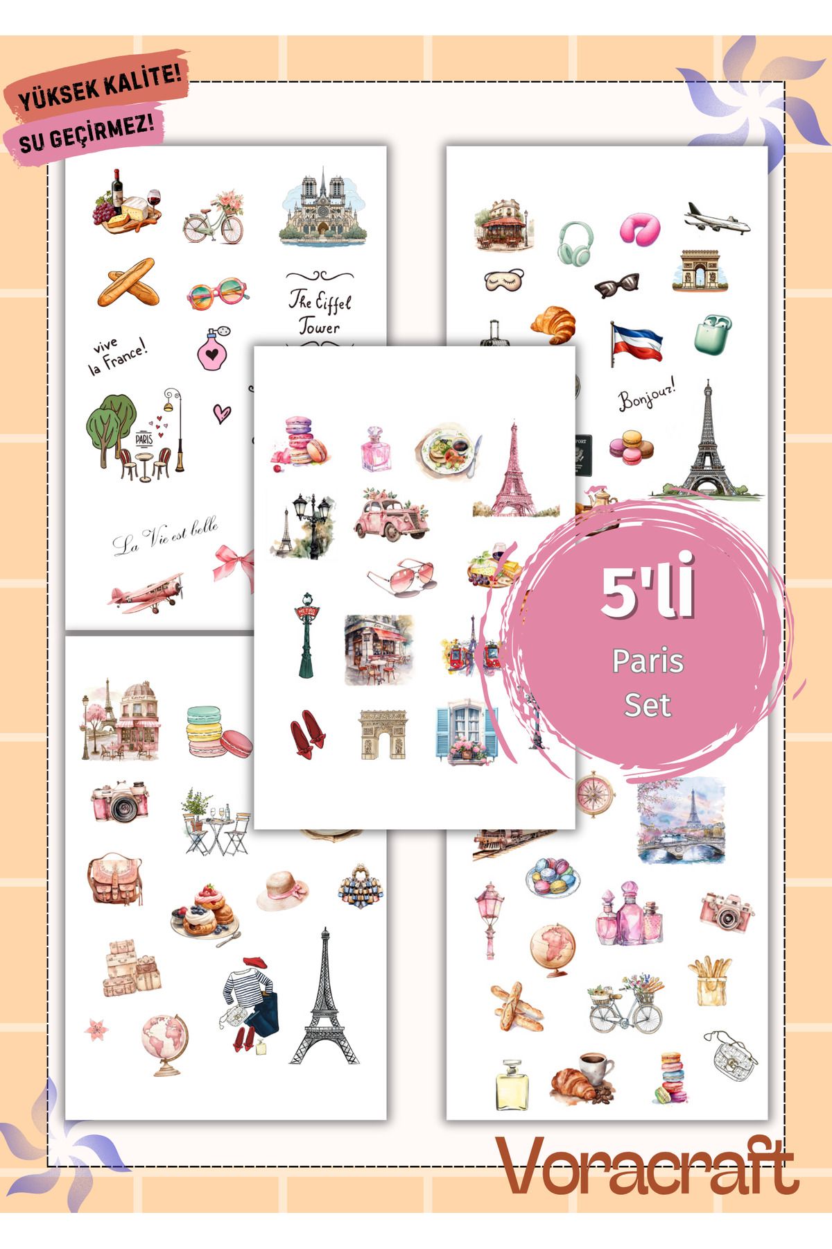 VORACRAFT 5'li Paris Temalı Sticker Set Ajanda Bullet Journal Set A016