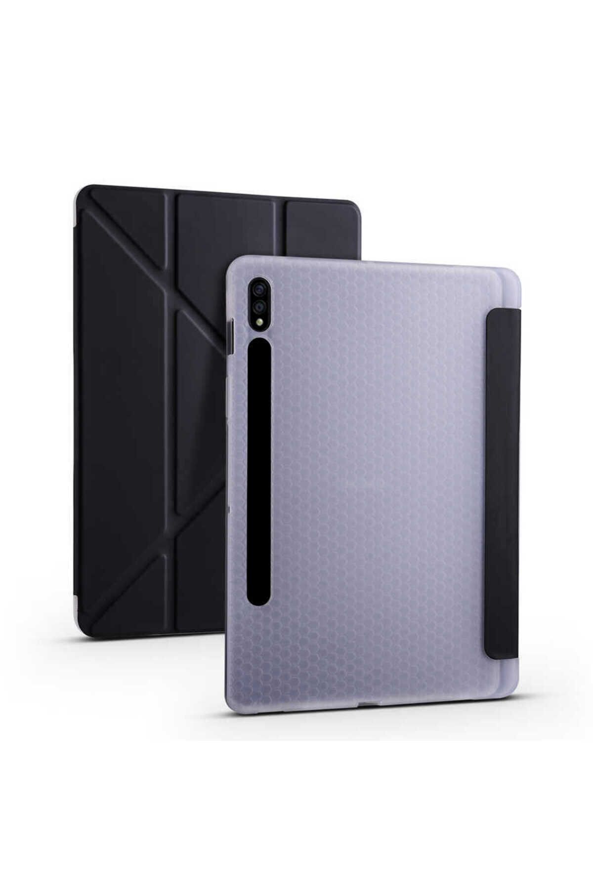 Teknodur Galaxy Tab S7 Plus T970 Kılıf Uyumlu TKDR Tri Folding Kalem Bölmeli Standlı Kılıf-Siyah