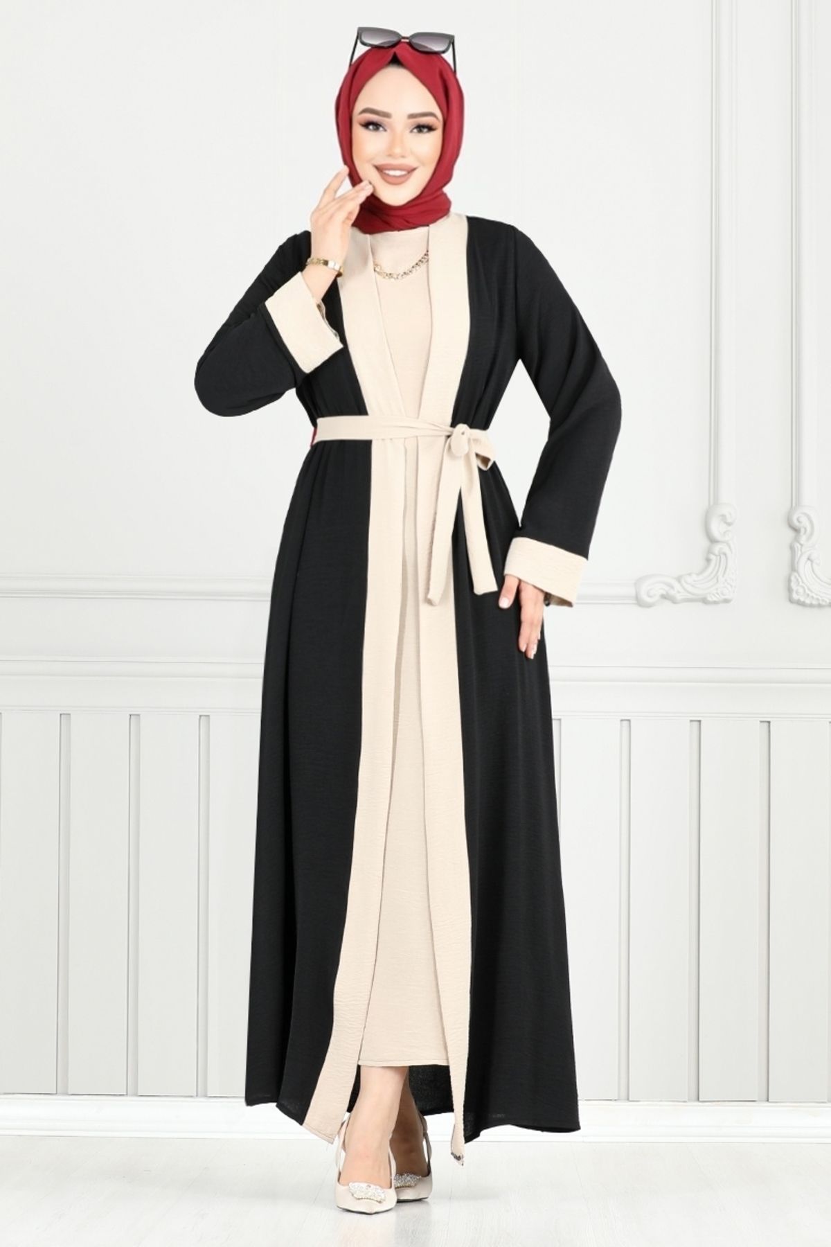 ModaMerve Beli Kemerli Abaya Takım 0339BGS895-M Siyah