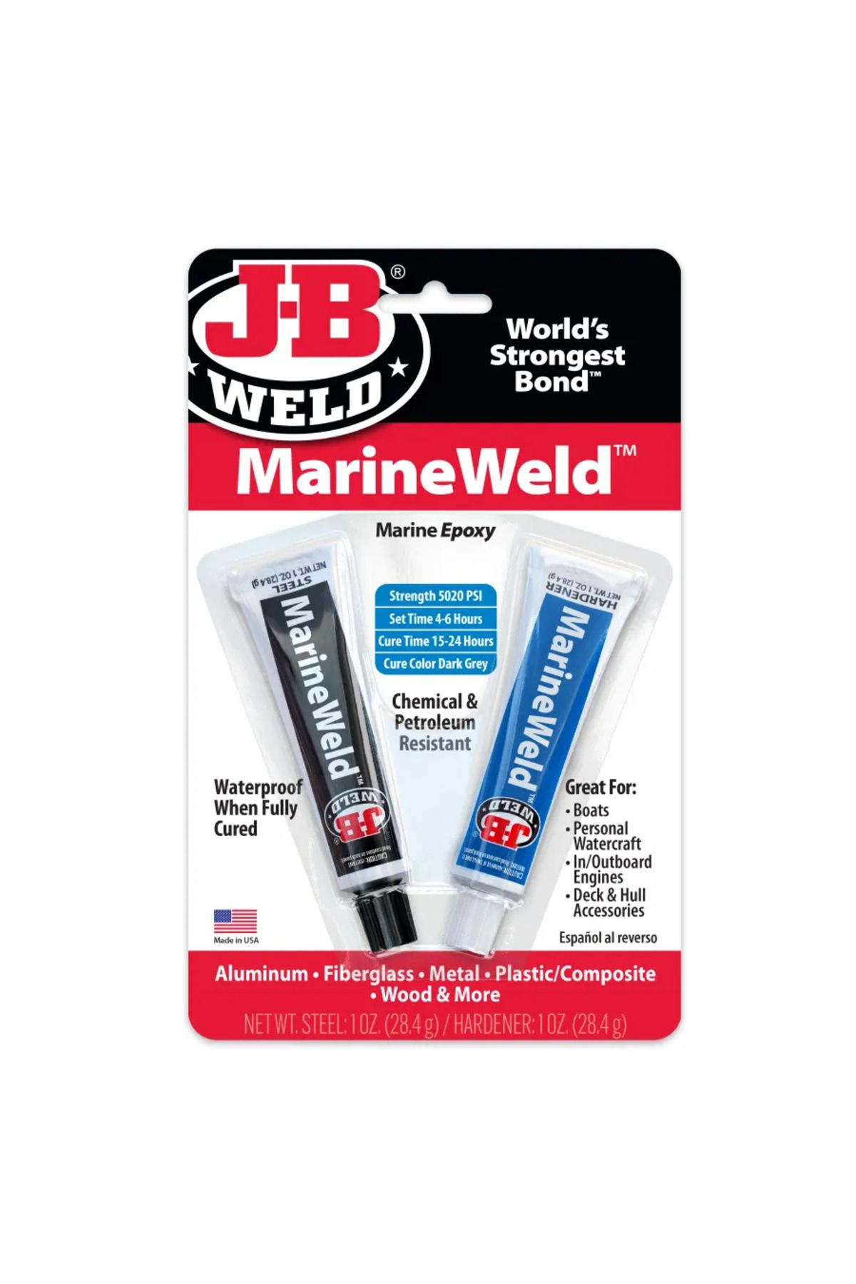JB Weld JB MarineWeld™ Çift Tüp - 2 oz Fiberglass - Aliminyum Yapıştırıcı, Çok Hızlı Süper Güçlü Epoksi