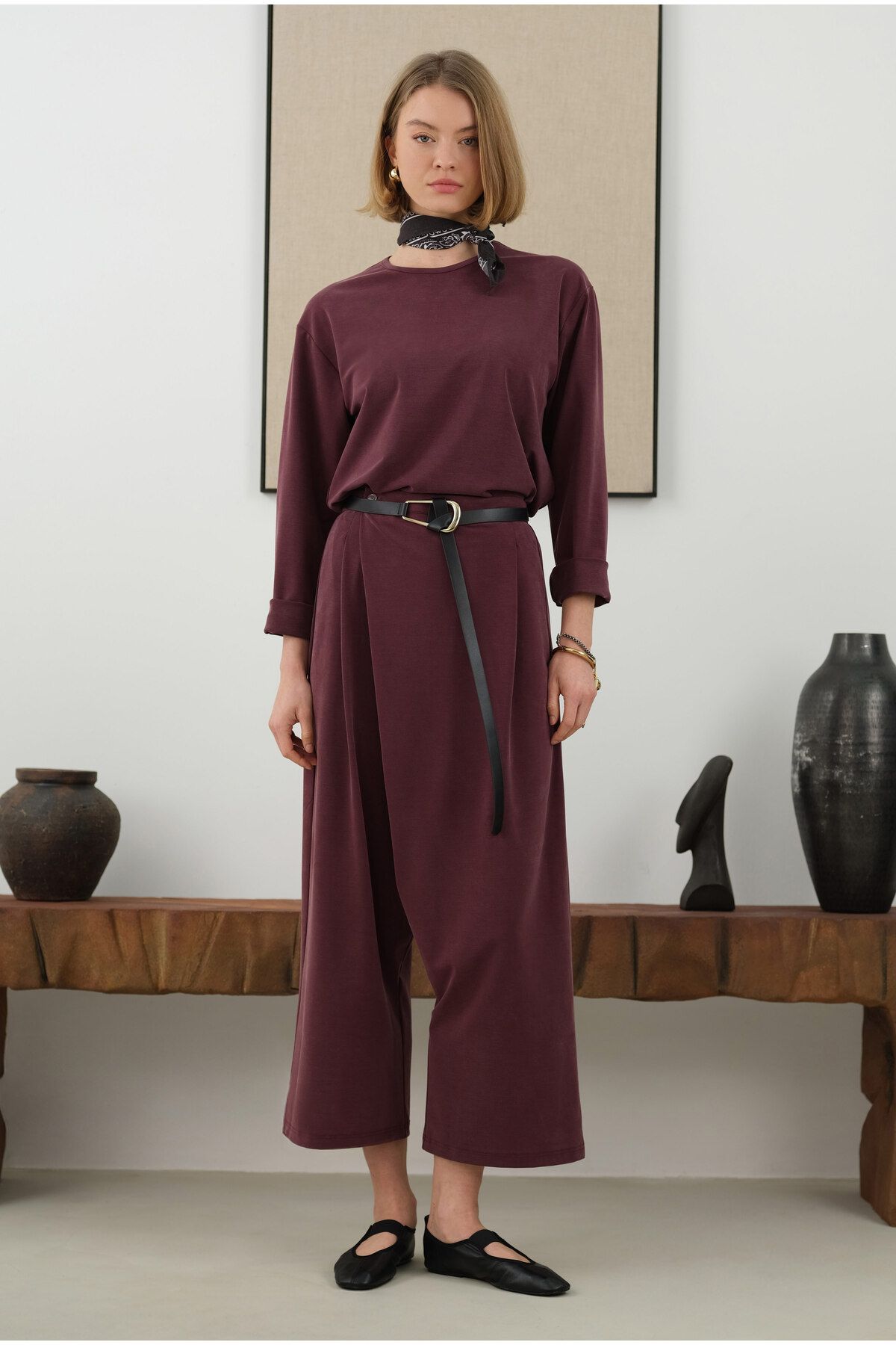 HEQA Taşlanmış Modal Takım Bordo