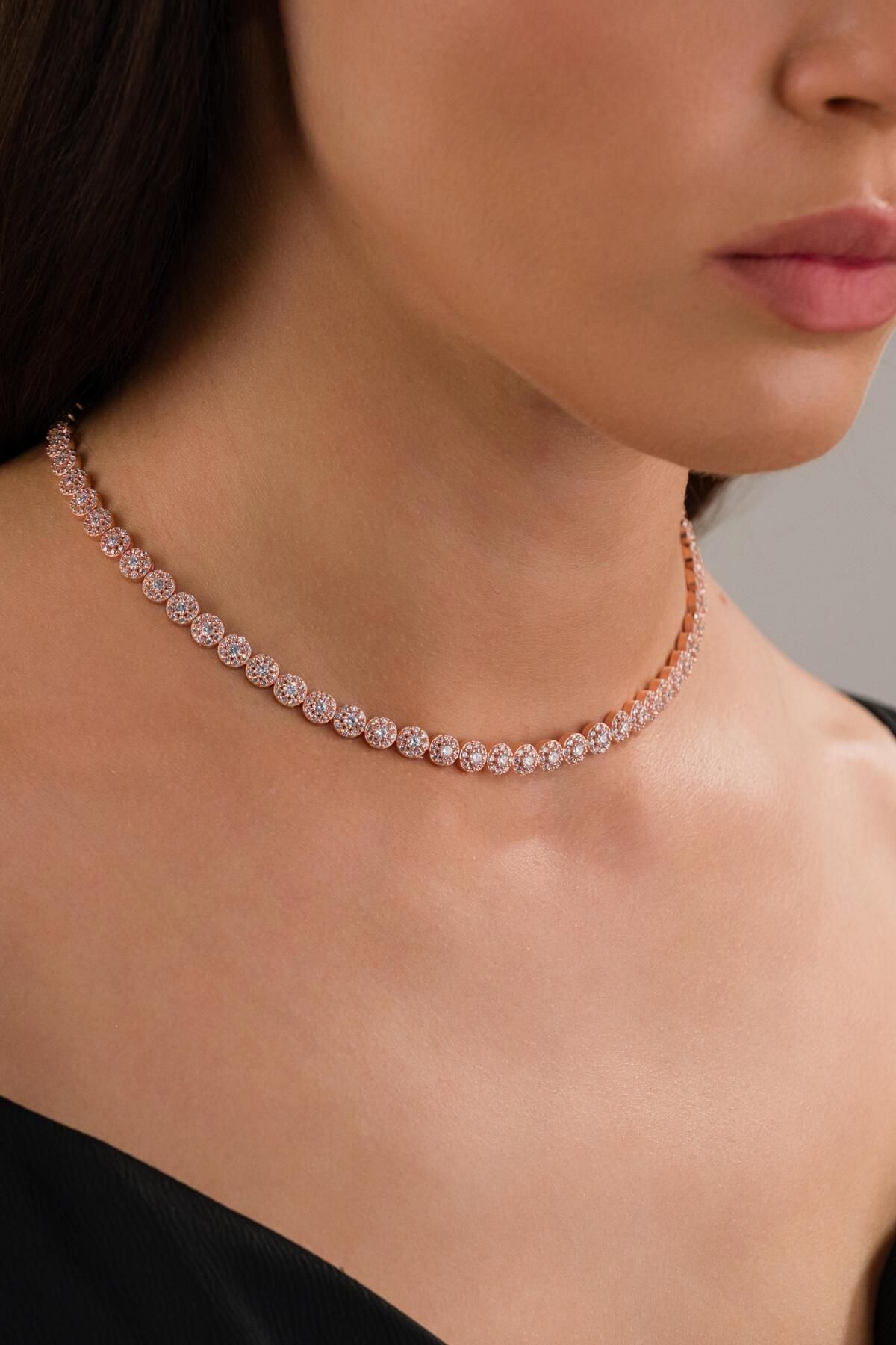 Tmt Silver Gümüş Rose Gold Kaplama Beyaz Zirkon Taşlı Pırlanta Modeli Su Yolu Choker Tasma Kolye