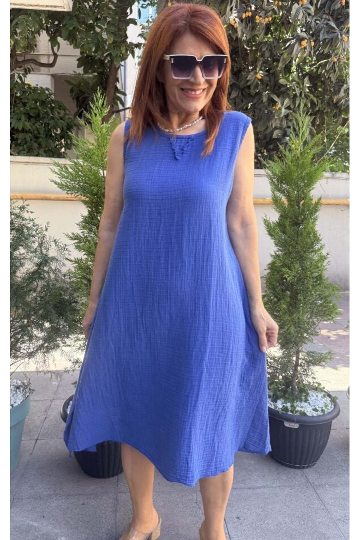 DenizEge Müslin Kalın Askılı Elbise Saks Mavi
