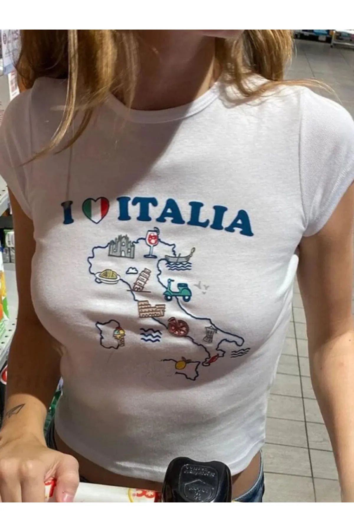1blood Italia Baskılı Beyaz Body Crop Bluz
