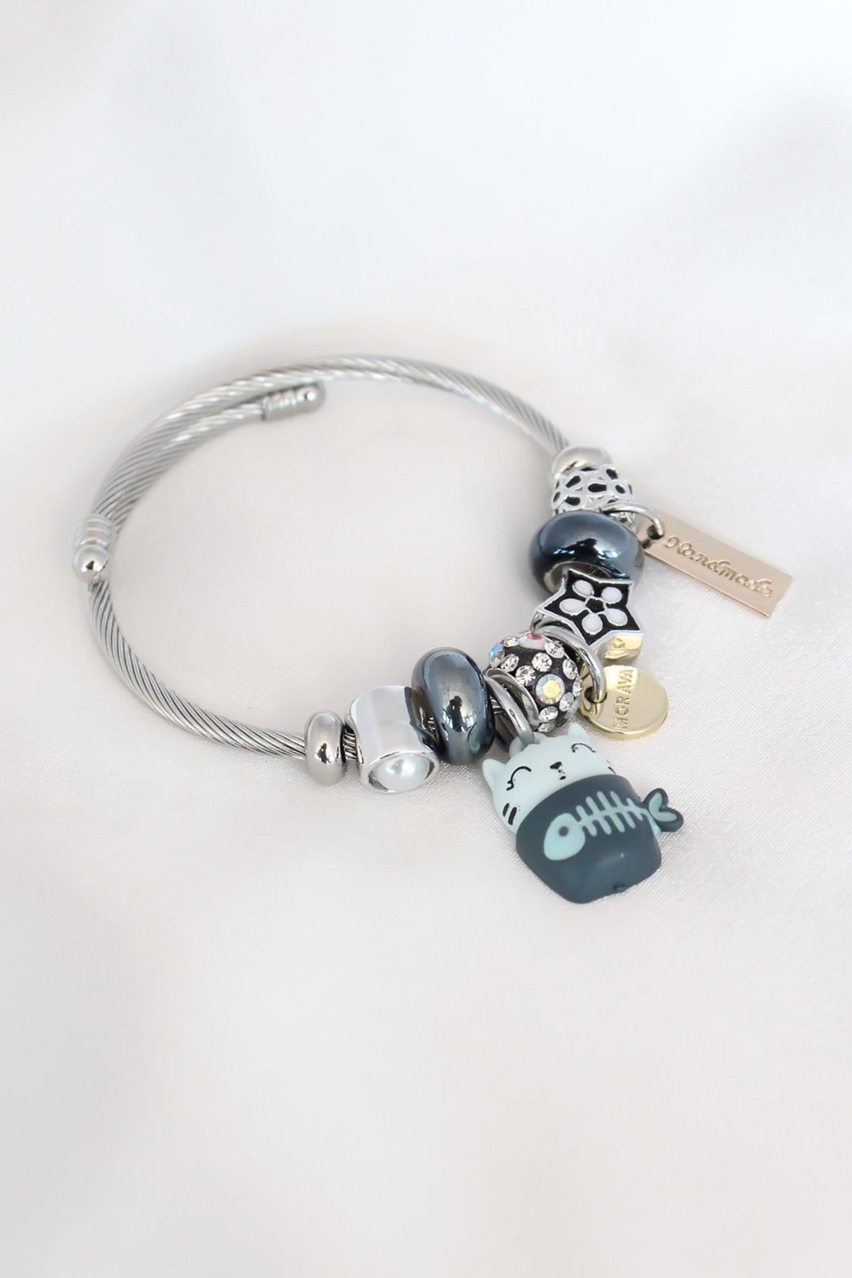 callerrons accessories Mavi Kedi Figür Yıldız Detay Gümüş Renk Charm Çelik Kadın Bileklik - EBJ250530W34244