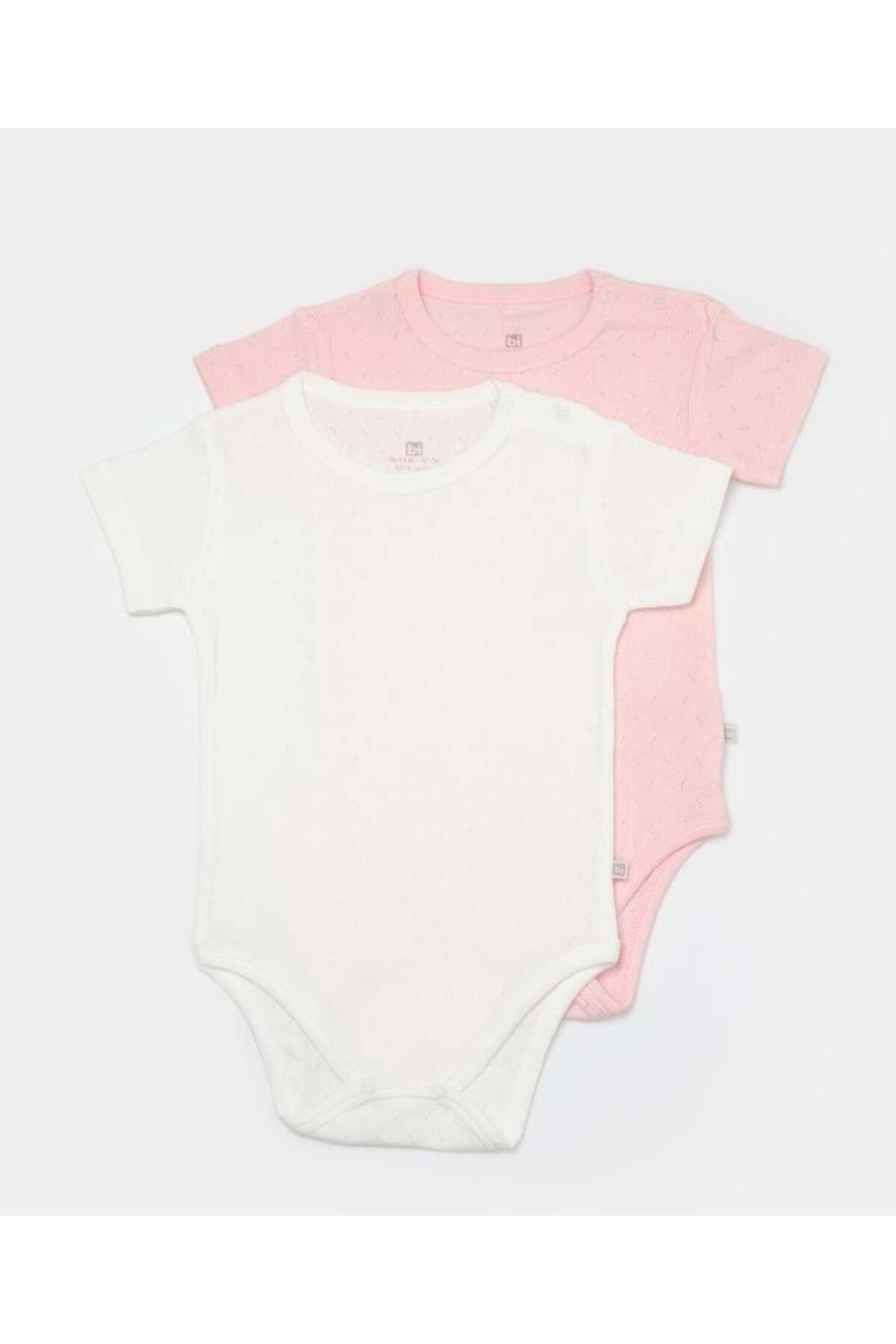 Bibaby Kız Bebek Organik Pamuklu Jakarlı 2 Li Bady Set - Beyaz-pembe - 3 - 24 Ay