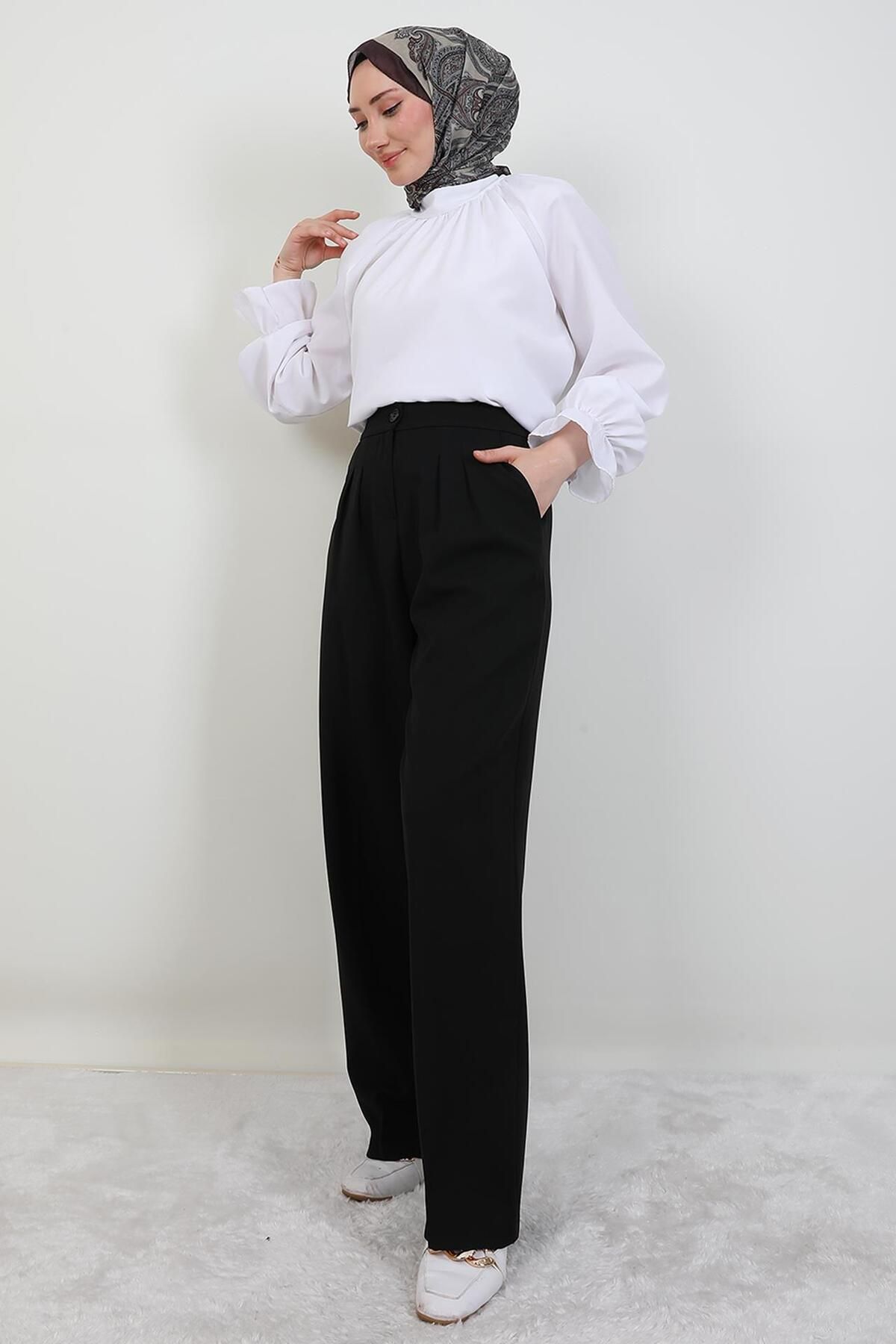 giz astore Beli Lastikli Düğmeli Pantolon Siyah