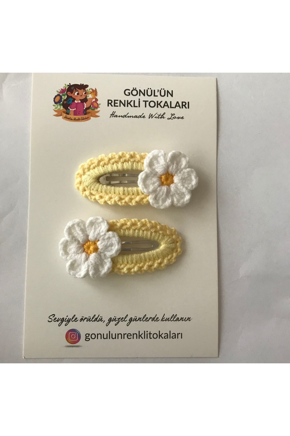 Gönülden Aksesuar 5cm oval metal çıt çıtlı el örgüsü renkler açık sarı ortası sarı,beyaz papatya toka çocuklar için