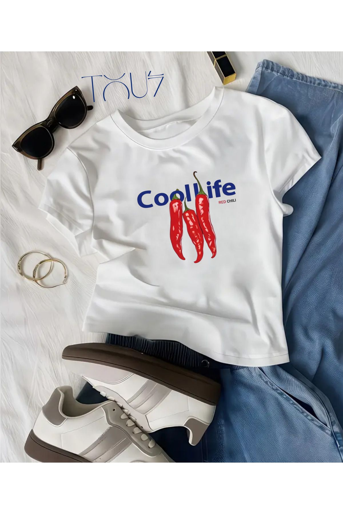 Touz Moda Kemer Boy Cool Life Baskılı Crop Bluz