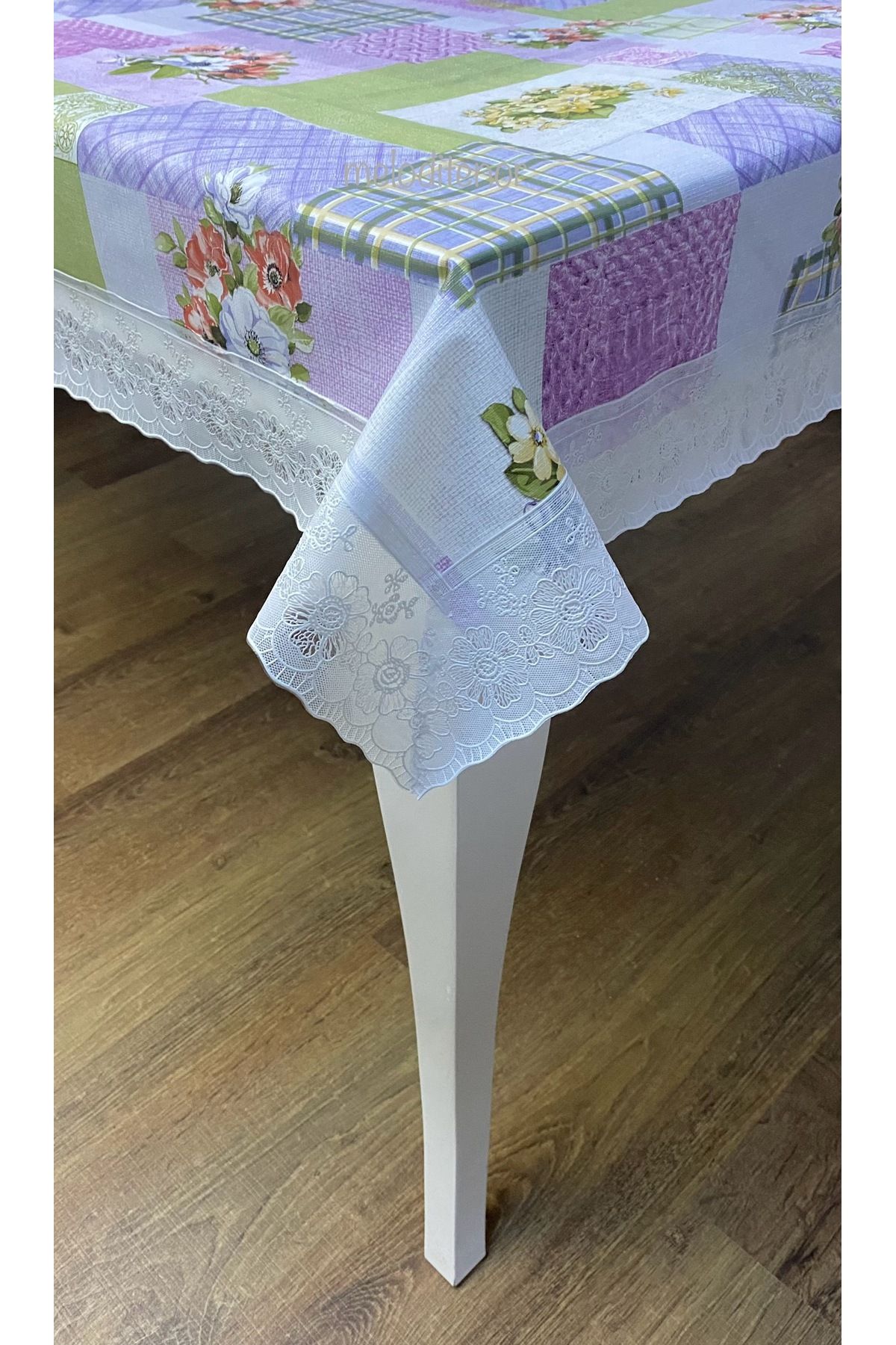 TNR Kenarlı işleme dantel güpürlı astarlı kaymaz pvc dikdörtgen muşamba masa örtüsü 122x155 cm