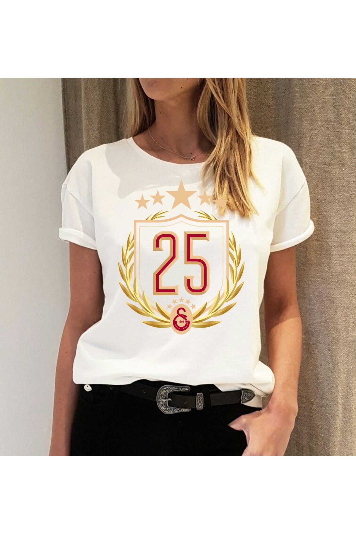 ErTaPassage Kadın Beyaz Galatasaray 25. Şampiyonluk Tişört - 100% Pamuk, Taraftar Baskılı